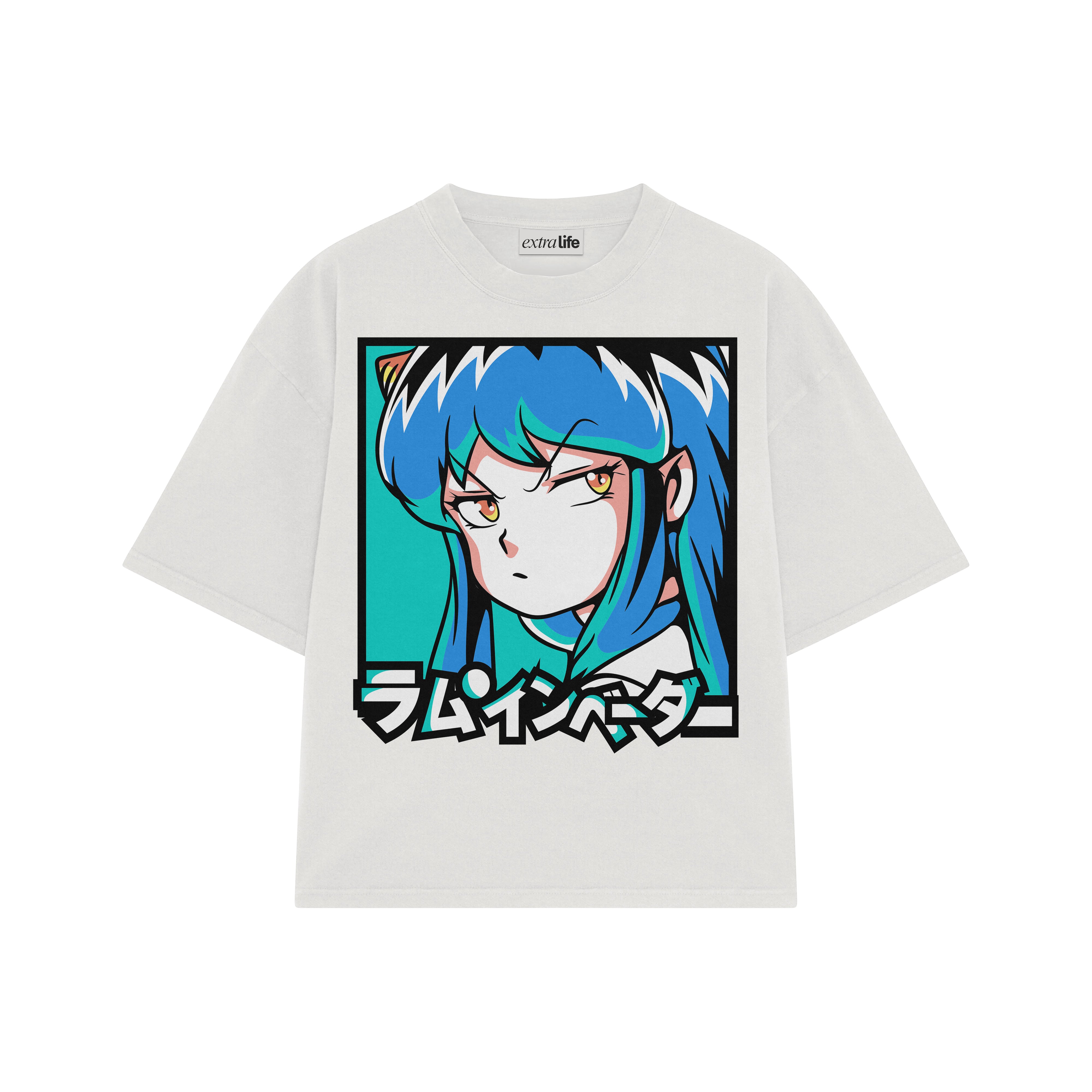 Playera streetwear premium de anime y gaming ExtraLife MX, corte boxy oversized drop shoulder heavyweight en color Deep Black y Off-White, moda urbana mexicana de culto.