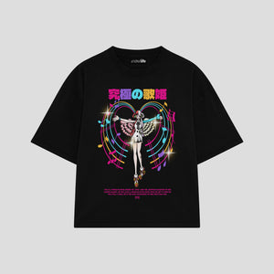 Playera streetwear premium de anime y gaming ExtraLife MX, corte boxy oversized drop shoulder heavyweight en color Deep Black y Off-White, moda urbana mexicana de culto.