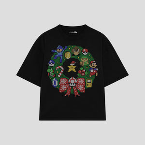 Playera streetwear premium de anime y gaming ExtraLife MX, corte boxy oversized drop shoulder heavyweight en color Deep Black y Off-White, moda urbana mexicana de culto.