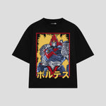 Playera streetwear premium de anime y gaming ExtraLife MX, corte boxy oversized drop shoulder heavyweight en color Deep Black y Off-White, moda urbana mexicana de culto.