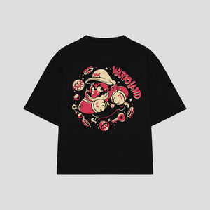 Playera streetwear premium de anime y gaming ExtraLife MX, corte boxy oversized drop shoulder heavyweight en color Deep Black y Off-White, moda urbana mexicana de culto.