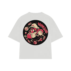 Playera streetwear premium de anime y gaming ExtraLife MX, corte boxy oversized drop shoulder heavyweight en color Deep Black y Off-White, moda urbana mexicana de culto.