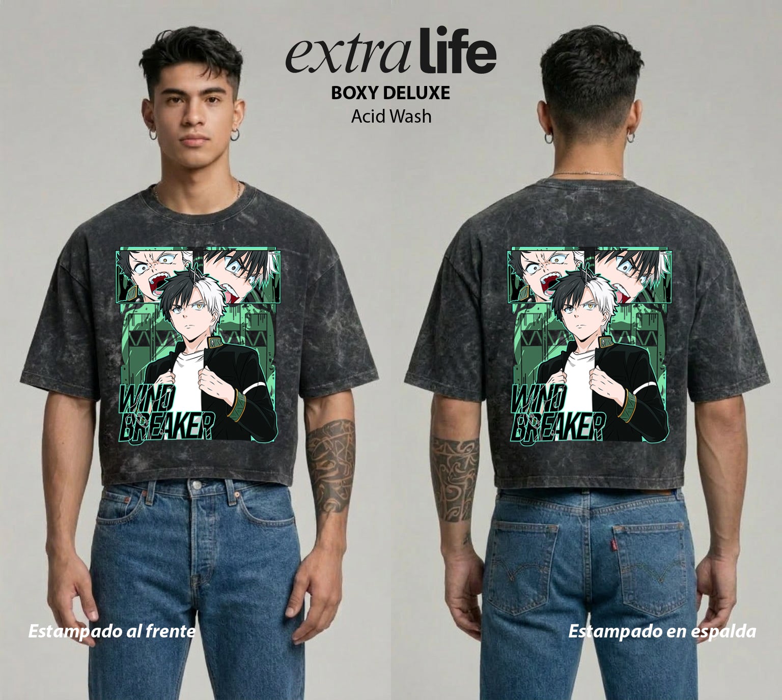Playera streetwear premium de anime y gaming ExtraLife MX, corte boxy deluxe mineral wash heavyweight en color Acid Wash, moda urbana mexicana de culto.