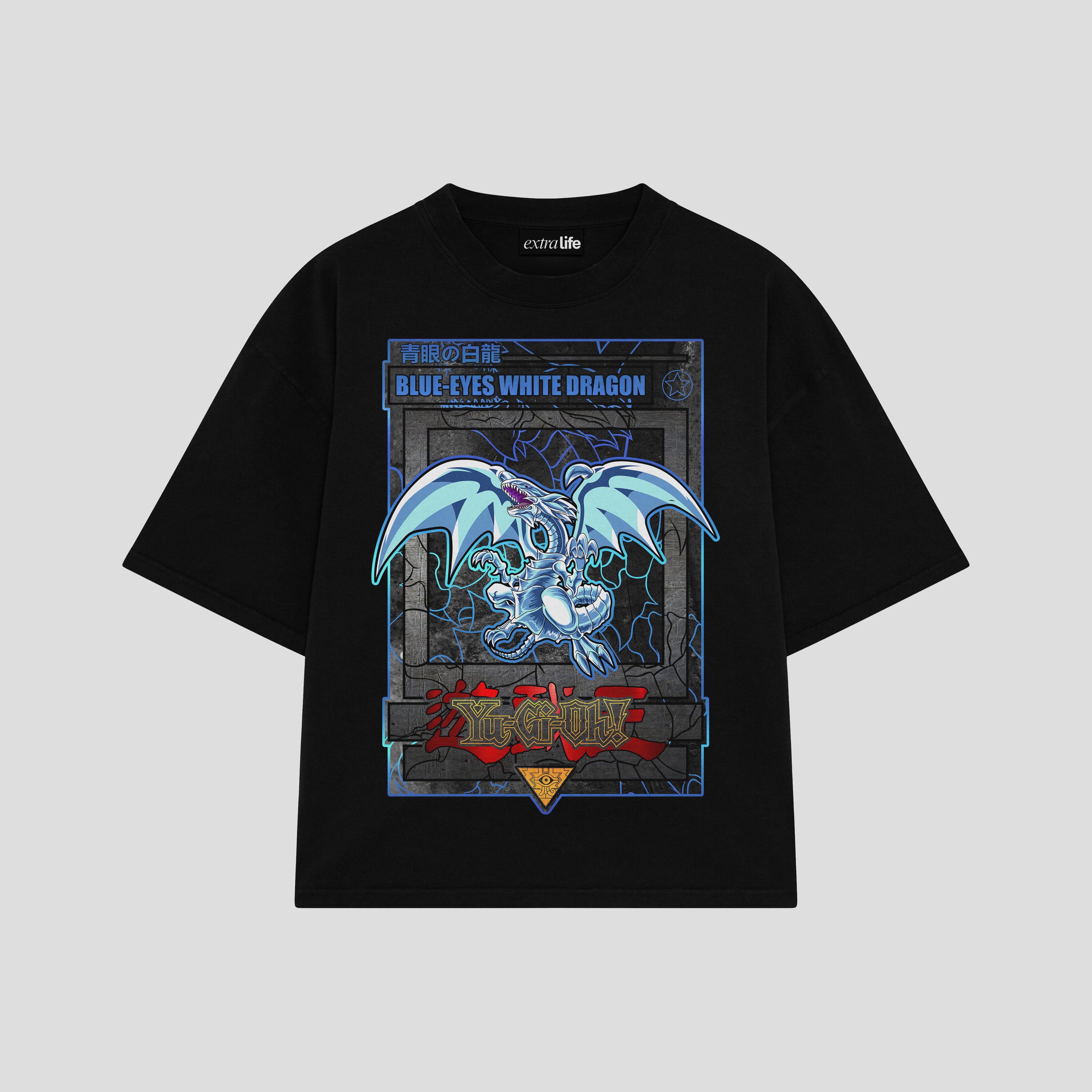 Playera streetwear premium de anime y gaming ExtraLife MX, corte boxy oversized drop shoulder heavyweight en color Deep Black y Off-White, moda urbana mexicana de culto.