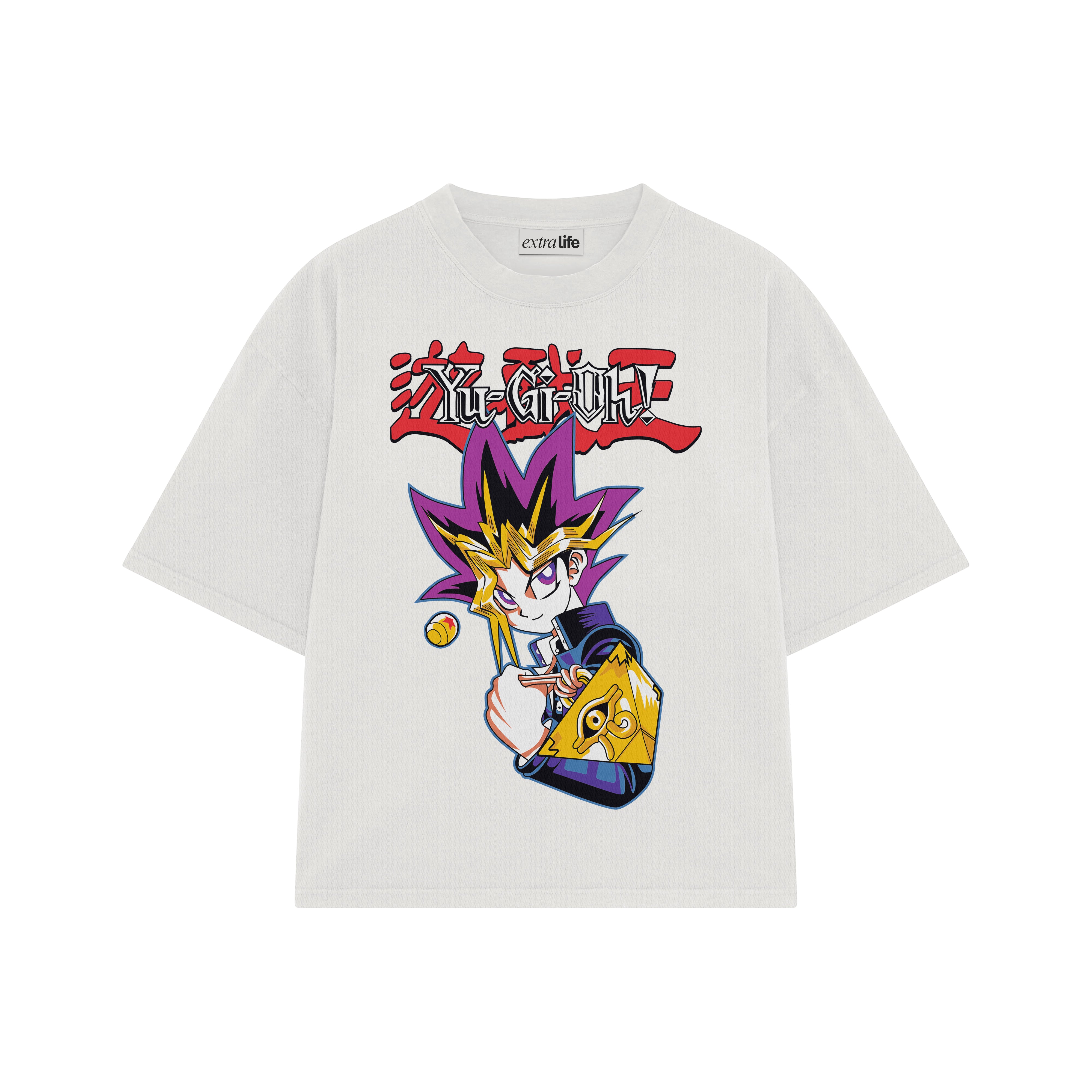 Playera streetwear premium de anime y gaming ExtraLife MX, corte boxy oversized drop shoulder heavyweight en color Deep Black y Off-White, moda urbana mexicana de culto.