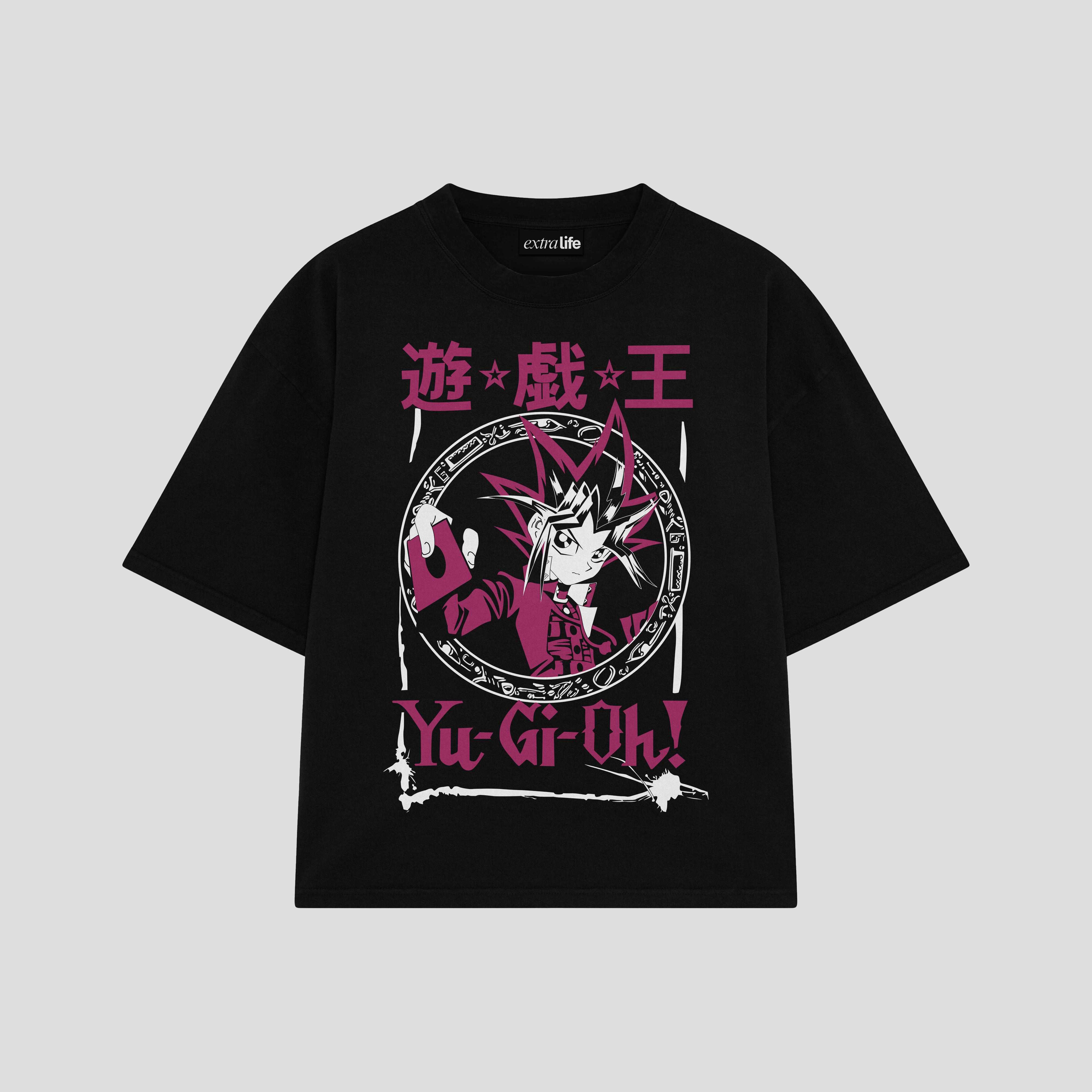 Playera streetwear premium de anime y gaming ExtraLife MX, corte boxy oversized drop shoulder heavyweight en color Deep Black y Off-White, moda urbana mexicana de culto.