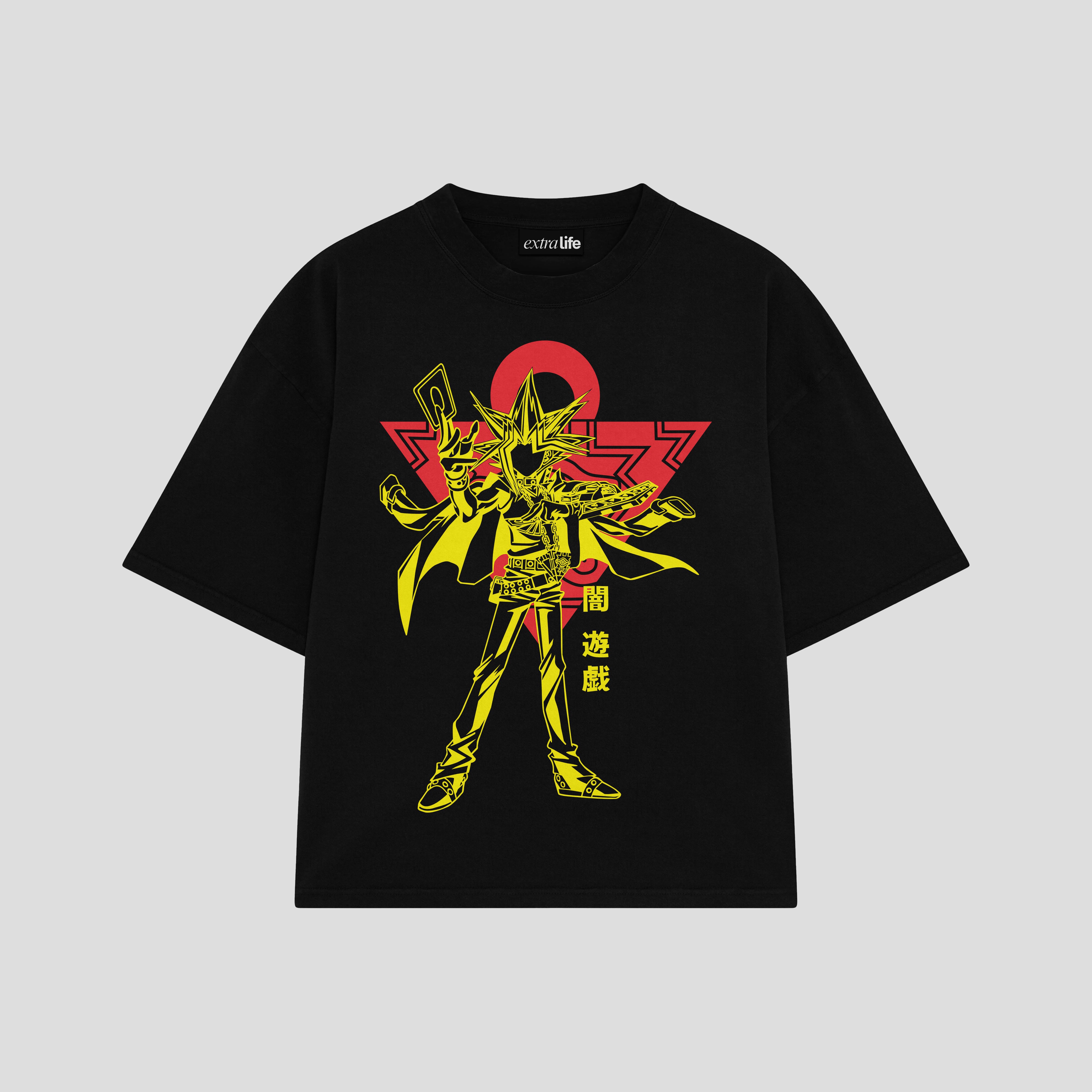 Playera streetwear premium de anime y gaming ExtraLife MX, corte boxy oversized drop shoulder heavyweight en color Deep Black y Off-White, moda urbana mexicana de culto.