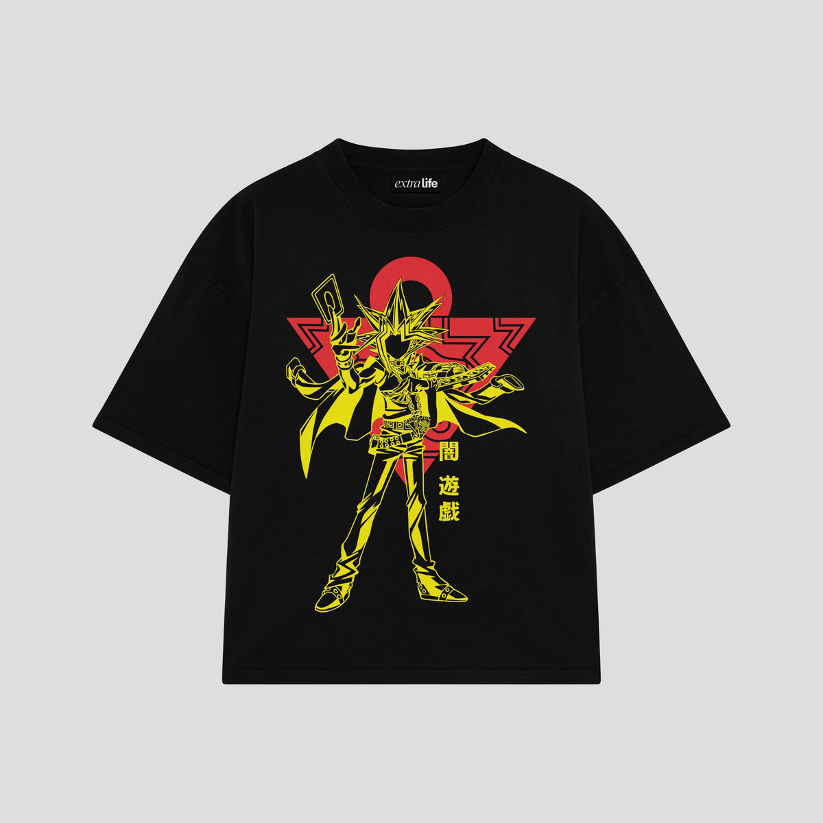 Playera streetwear premium de anime y gaming ExtraLife MX, corte oversized drop shoulder ligero y fresco en color Deep Black y Off-White, moda urbana mexicana de culto.
