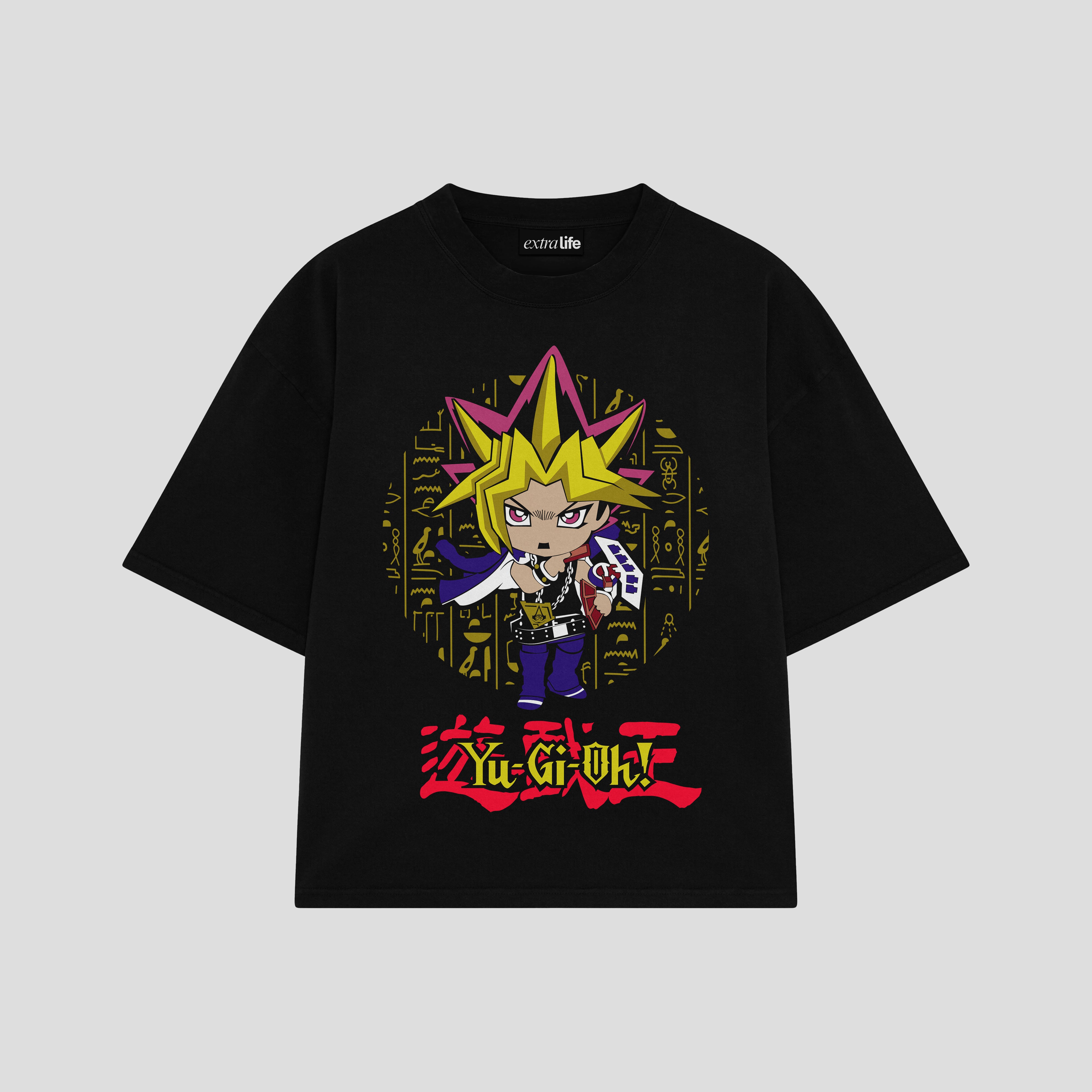 Playera streetwear premium de anime y gaming ExtraLife MX, corte boxy oversized drop shoulder heavyweight en color Deep Black y Off-White, moda urbana mexicana de culto.