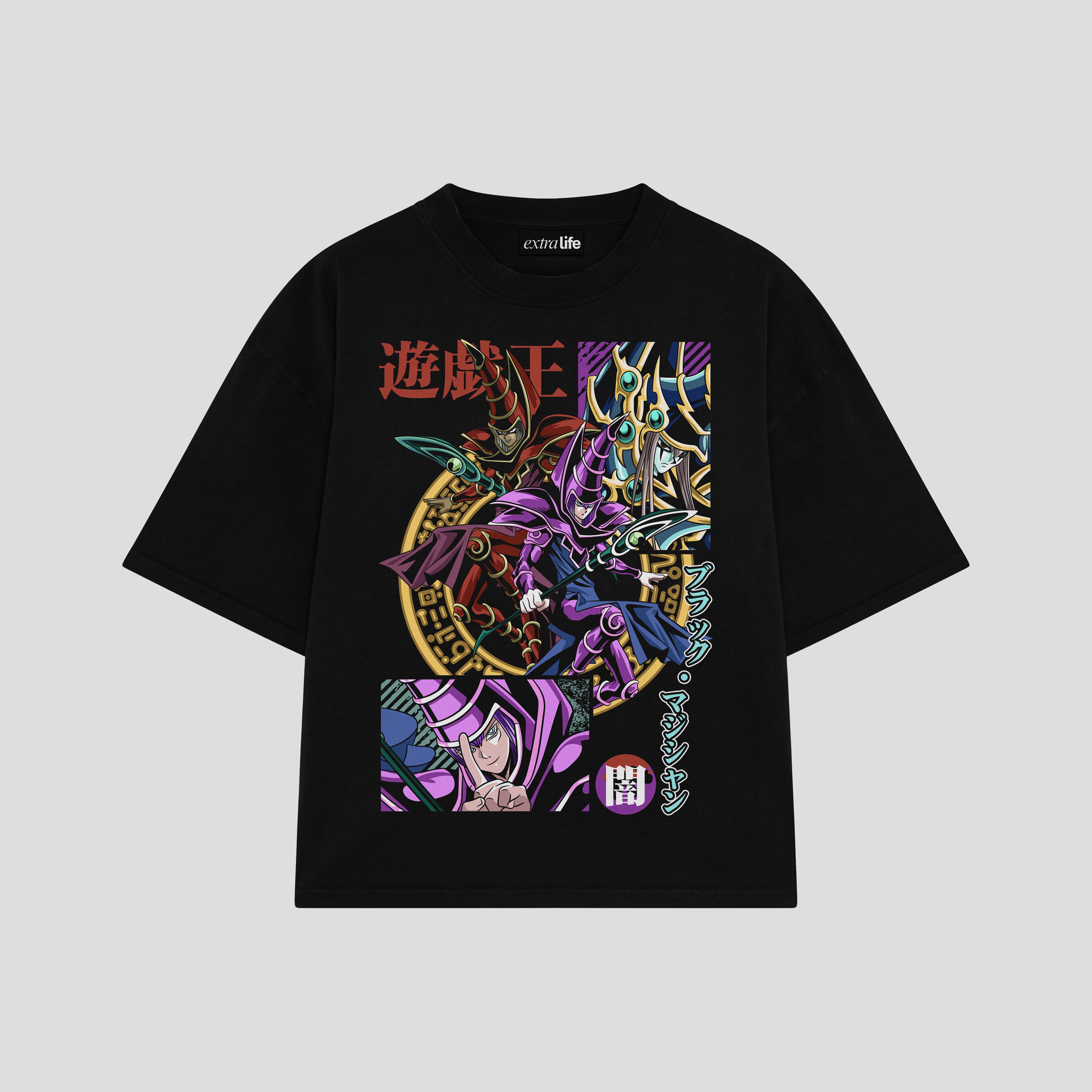 Playera streetwear premium de anime y gaming ExtraLife MX, corte boxy oversized drop shoulder heavyweight en color Deep Black y Off-White, moda urbana mexicana de culto.