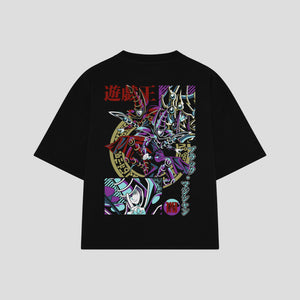 Playera streetwear premium de anime y gaming ExtraLife MX, corte boxy oversized drop shoulder heavyweight en color Deep Black y Off-White, moda urbana mexicana de culto.