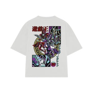 Playera streetwear premium de anime y gaming ExtraLife MX, corte boxy oversized drop shoulder heavyweight en color Deep Black y Off-White, moda urbana mexicana de culto.