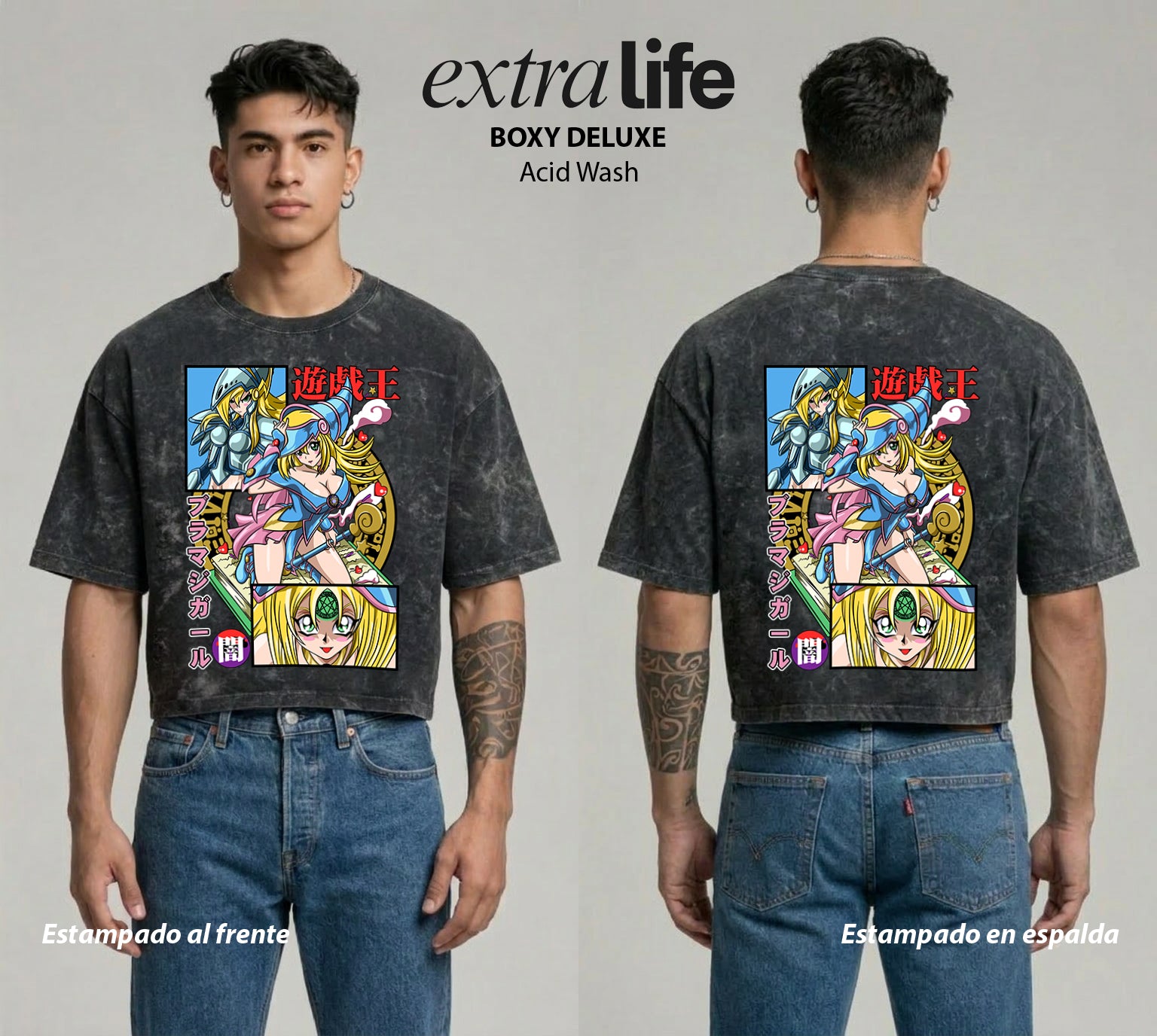 Playera streetwear premium de anime y gaming ExtraLife MX, corte boxy deluxe mineral wash heavyweight en color Acid Wash, moda urbana mexicana de culto.