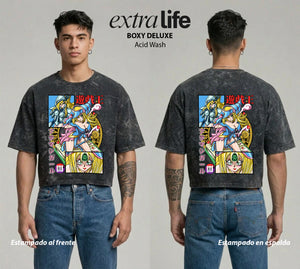 Playera streetwear premium de anime y gaming ExtraLife MX, corte boxy deluxe mineral wash heavyweight en color Acid Wash, moda urbana mexicana de culto.