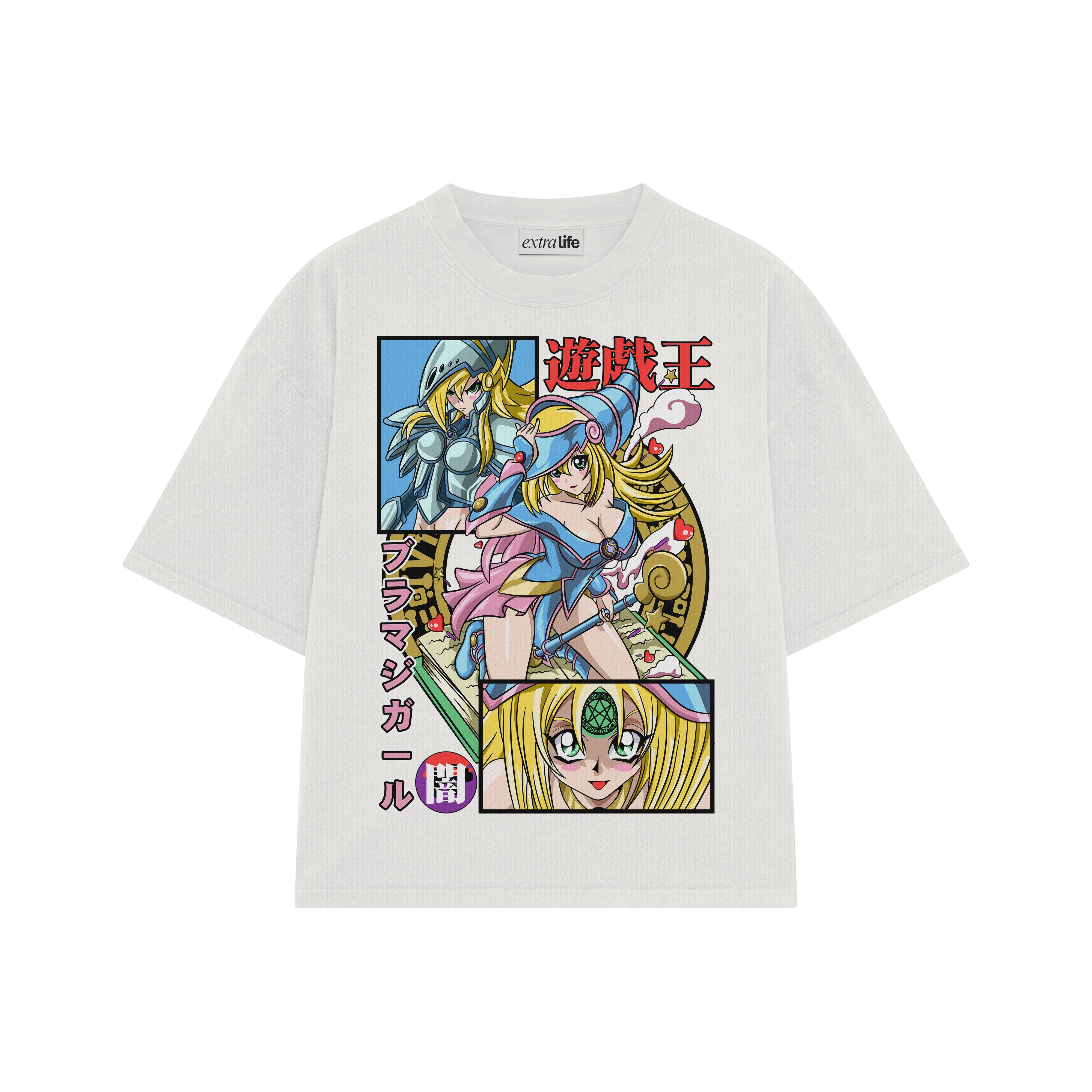 Playera streetwear premium de anime y gaming ExtraLife MX, corte boxy oversized drop shoulder heavyweight en color Deep Black y Off-White, moda urbana mexicana de culto.
