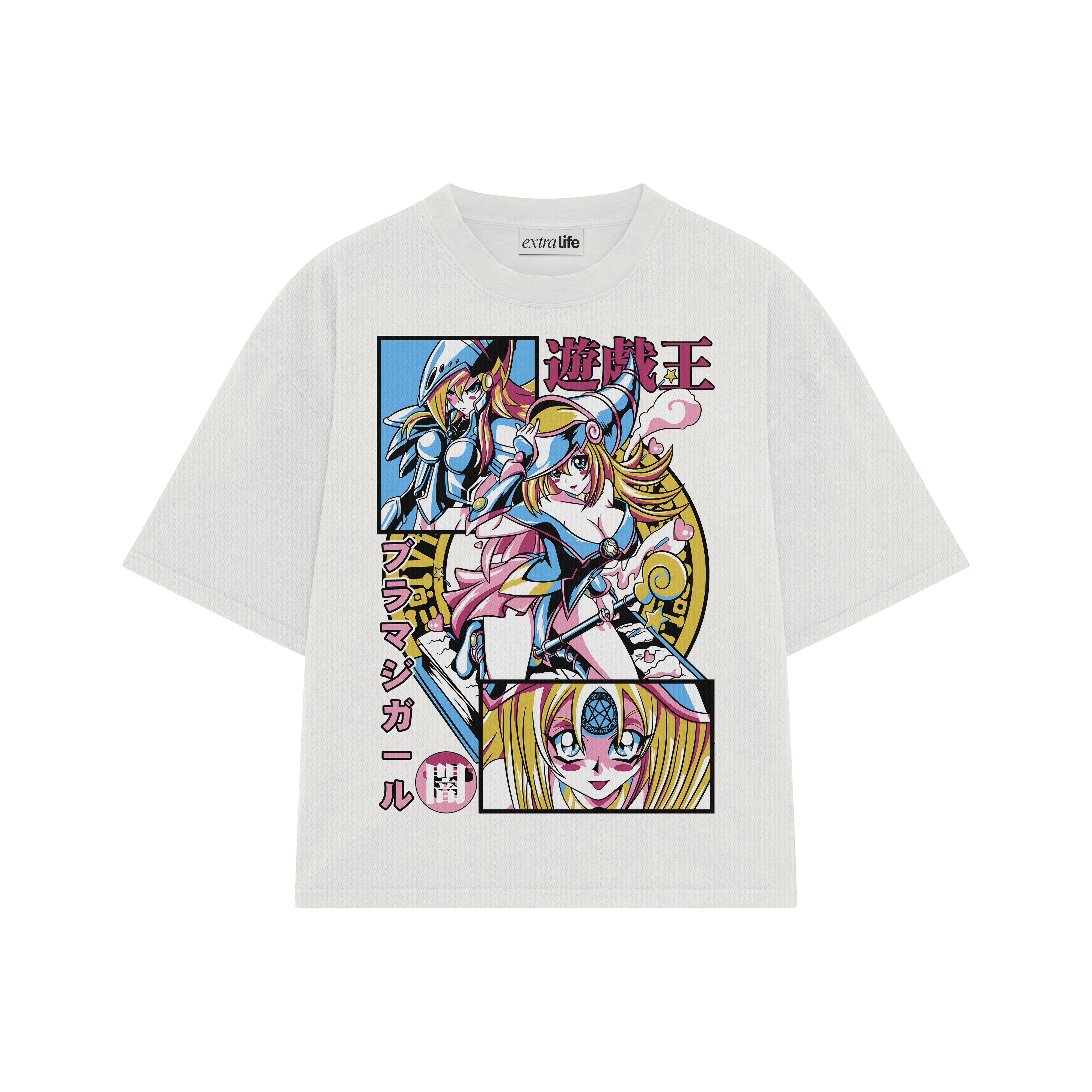 Playera streetwear premium de anime y gaming ExtraLife MX, corte boxy oversized drop shoulder heavyweight en color Deep Black y Off-White, moda urbana mexicana de culto.