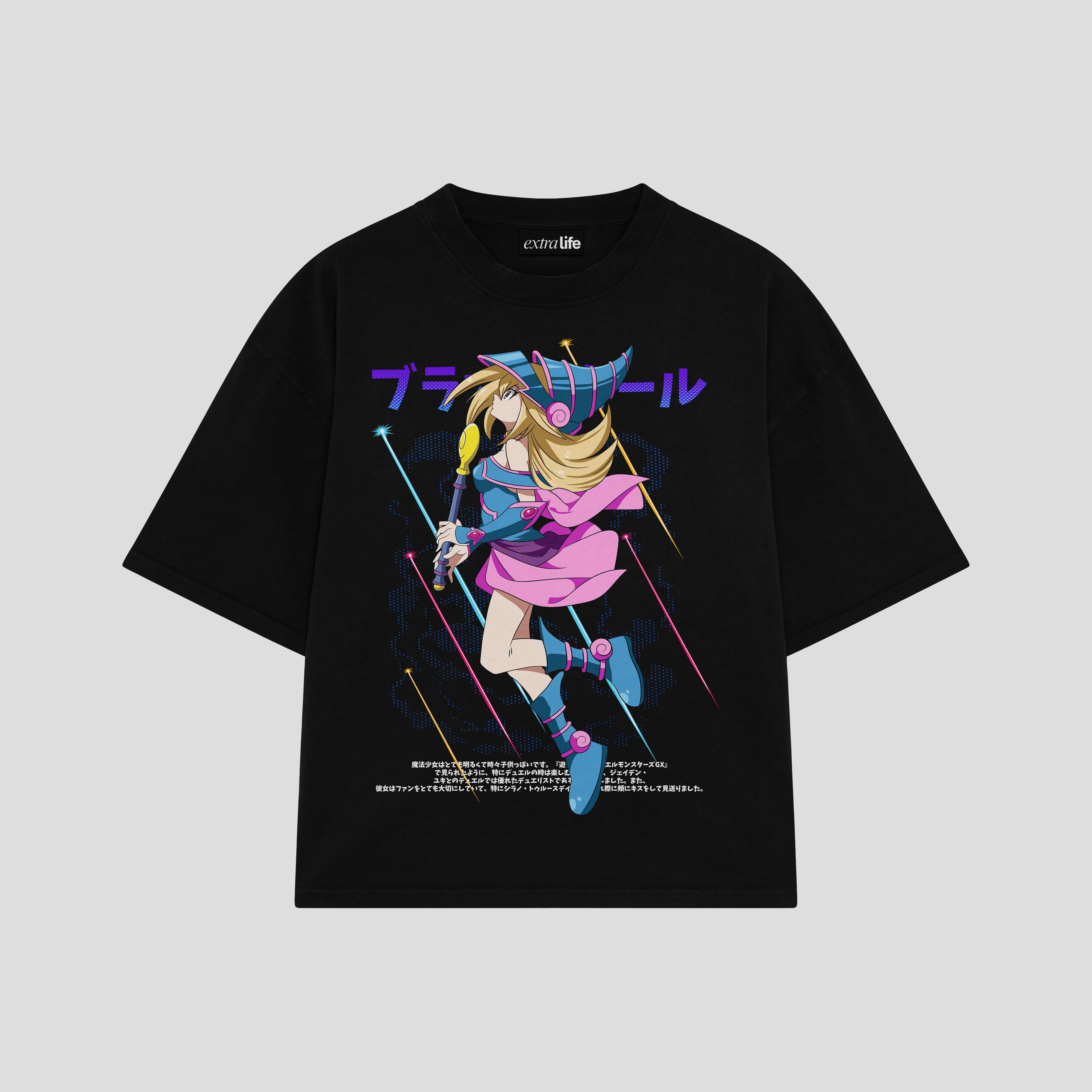 Playera streetwear premium de anime y gaming ExtraLife MX, corte boxy oversized drop shoulder heavyweight en color Deep Black y Off-White, moda urbana mexicana de culto.
