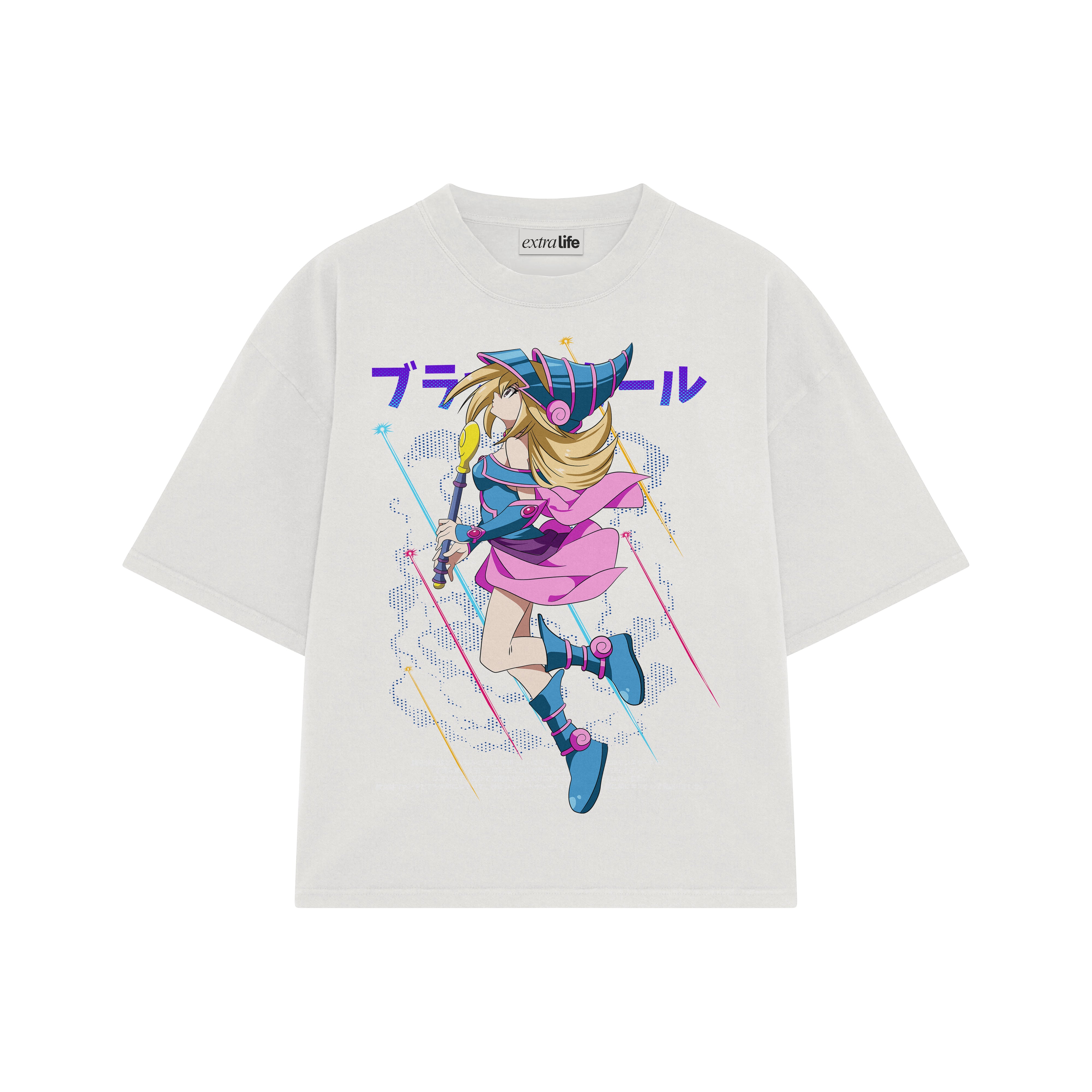 Playera streetwear premium de anime y gaming ExtraLife MX, corte boxy oversized drop shoulder heavyweight en color Deep Black y Off-White, moda urbana mexicana de culto.