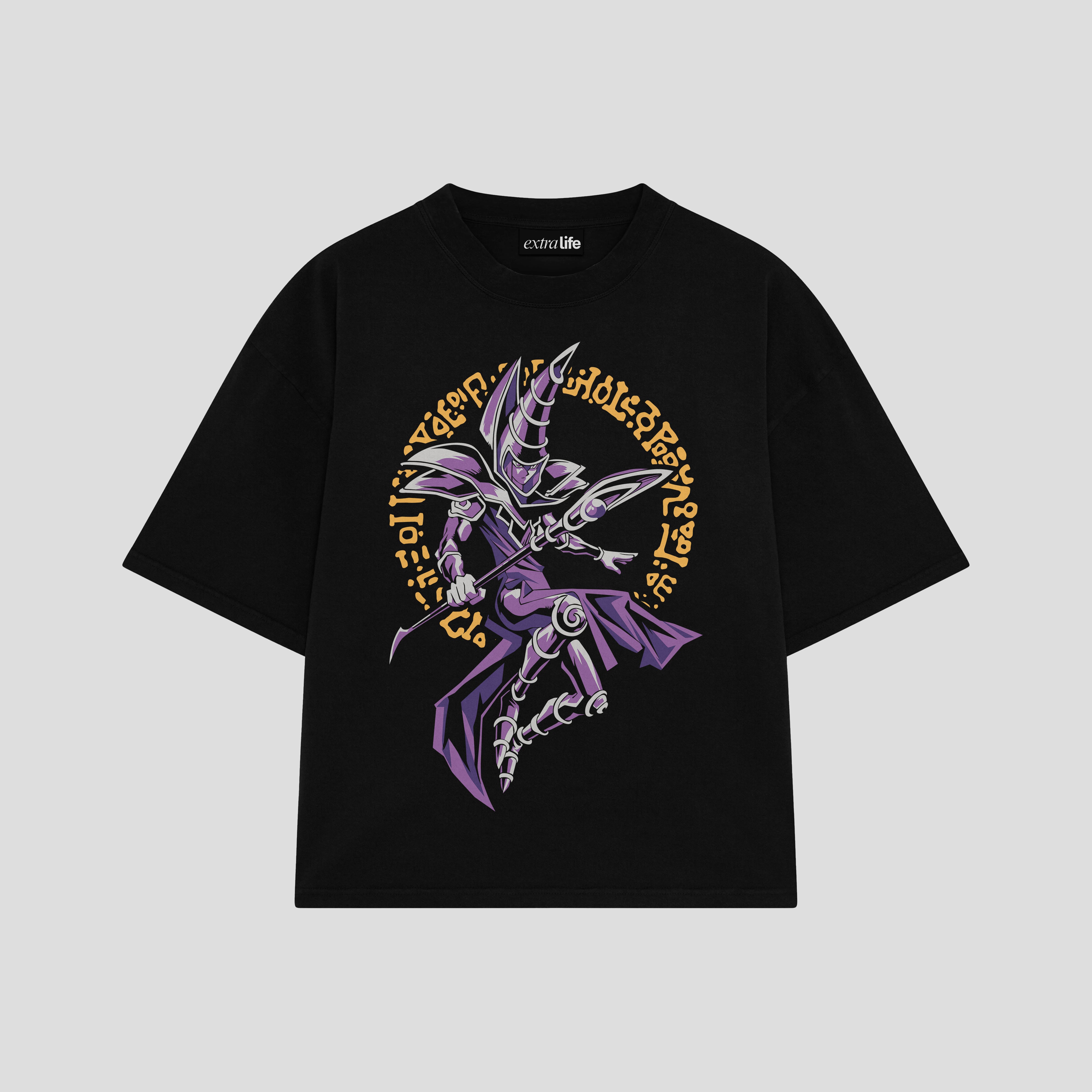 Playera streetwear premium de anime y gaming ExtraLife MX, corte boxy oversized drop shoulder heavyweight en color Deep Black y Off-White, moda urbana mexicana de culto.