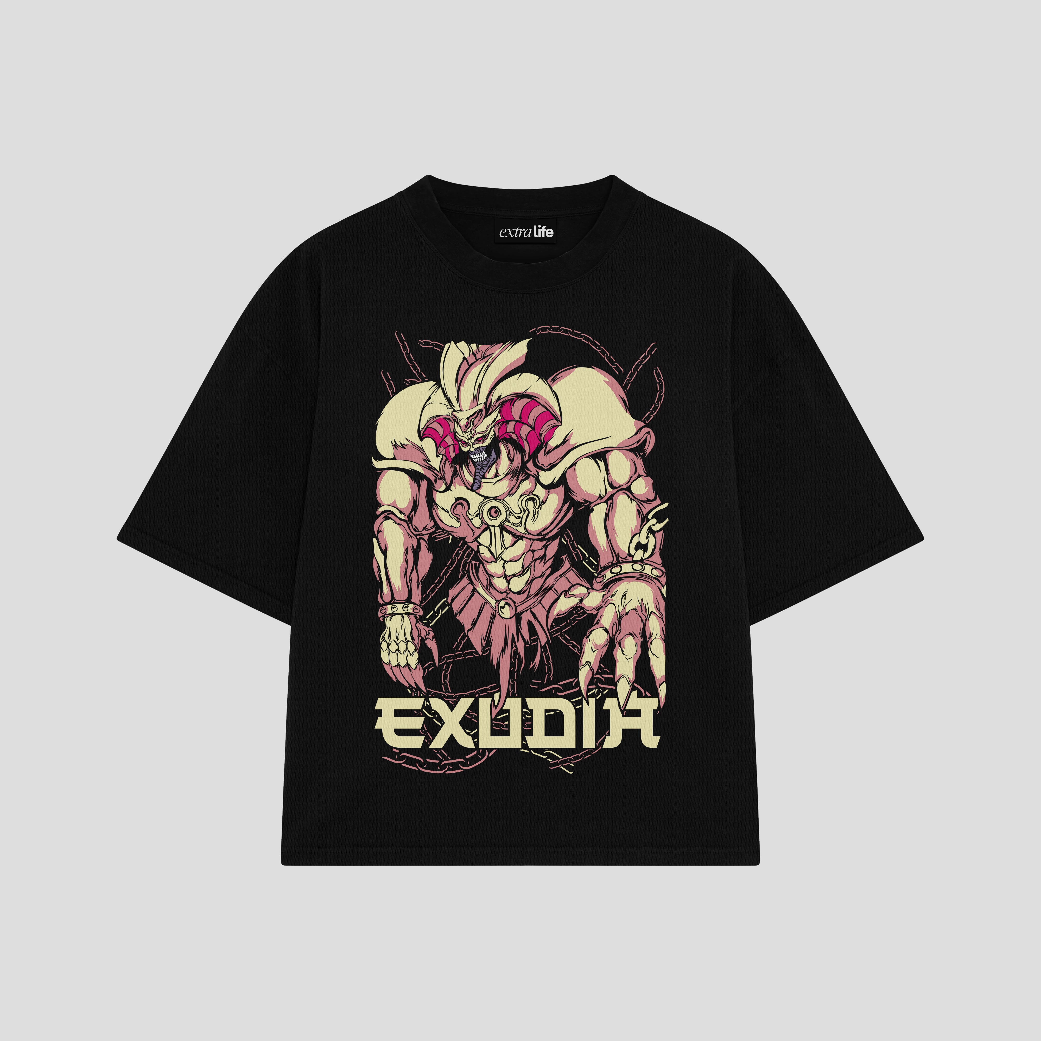 Playera streetwear premium de anime y gaming ExtraLife MX, corte boxy oversized drop shoulder heavyweight en color Deep Black y Off-White, moda urbana mexicana de culto.