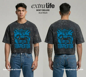 Playera streetwear premium de anime y gaming ExtraLife MX, corte boxy deluxe mineral wash heavyweight en color Acid Wash, moda urbana mexicana de culto.