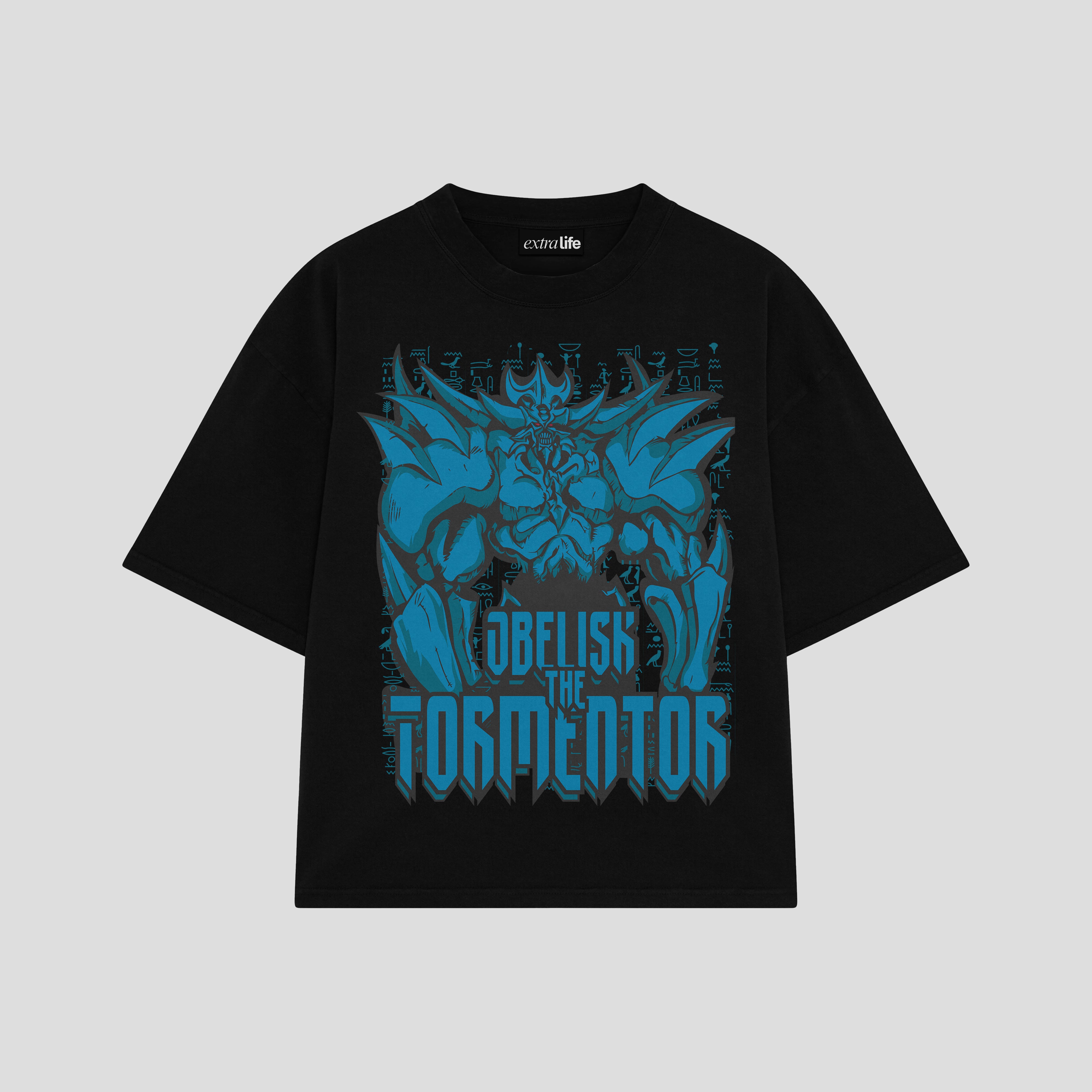 Playera streetwear premium de anime y gaming ExtraLife MX, corte boxy oversized drop shoulder heavyweight en color Deep Black y Off-White, moda urbana mexicana de culto.