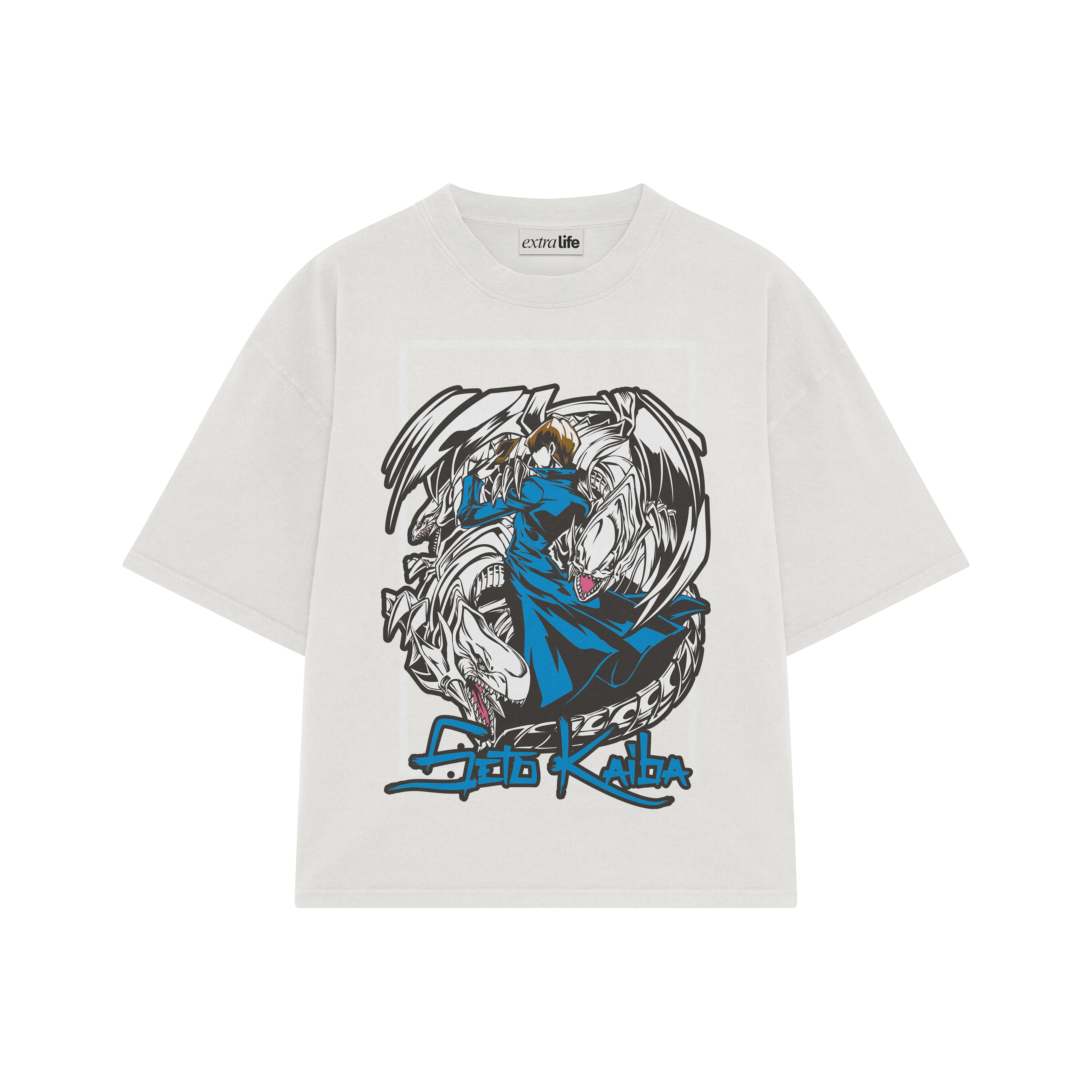 Playera streetwear premium de anime y gaming ExtraLife MX, corte boxy oversized drop shoulder heavyweight en color Deep Black y Off-White, moda urbana mexicana de culto.
