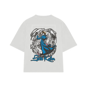 Playera streetwear premium de anime y gaming ExtraLife MX, corte boxy oversized drop shoulder heavyweight en color Deep Black y Off-White, moda urbana mexicana de culto.