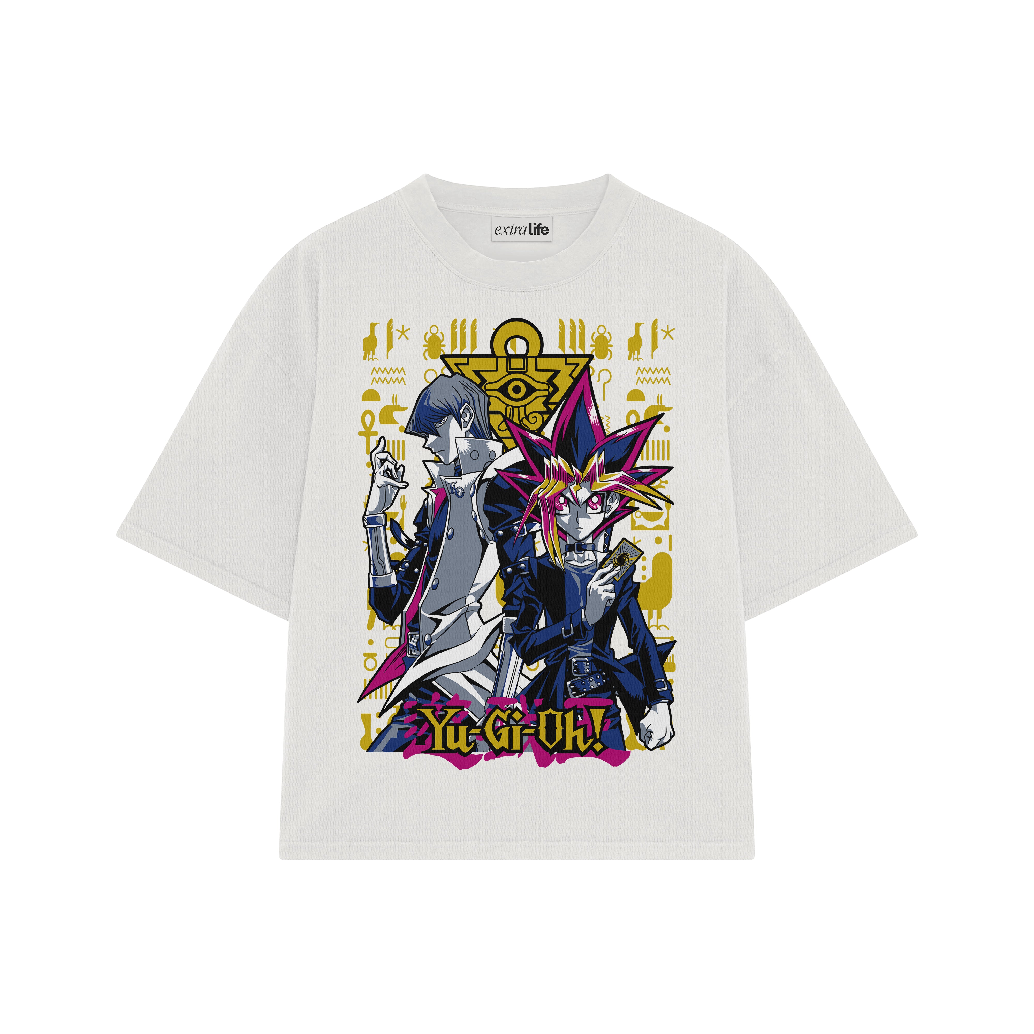 Playera streetwear premium de anime y gaming ExtraLife MX, corte boxy oversized drop shoulder heavyweight en color Deep Black y Off-White, moda urbana mexicana de culto.