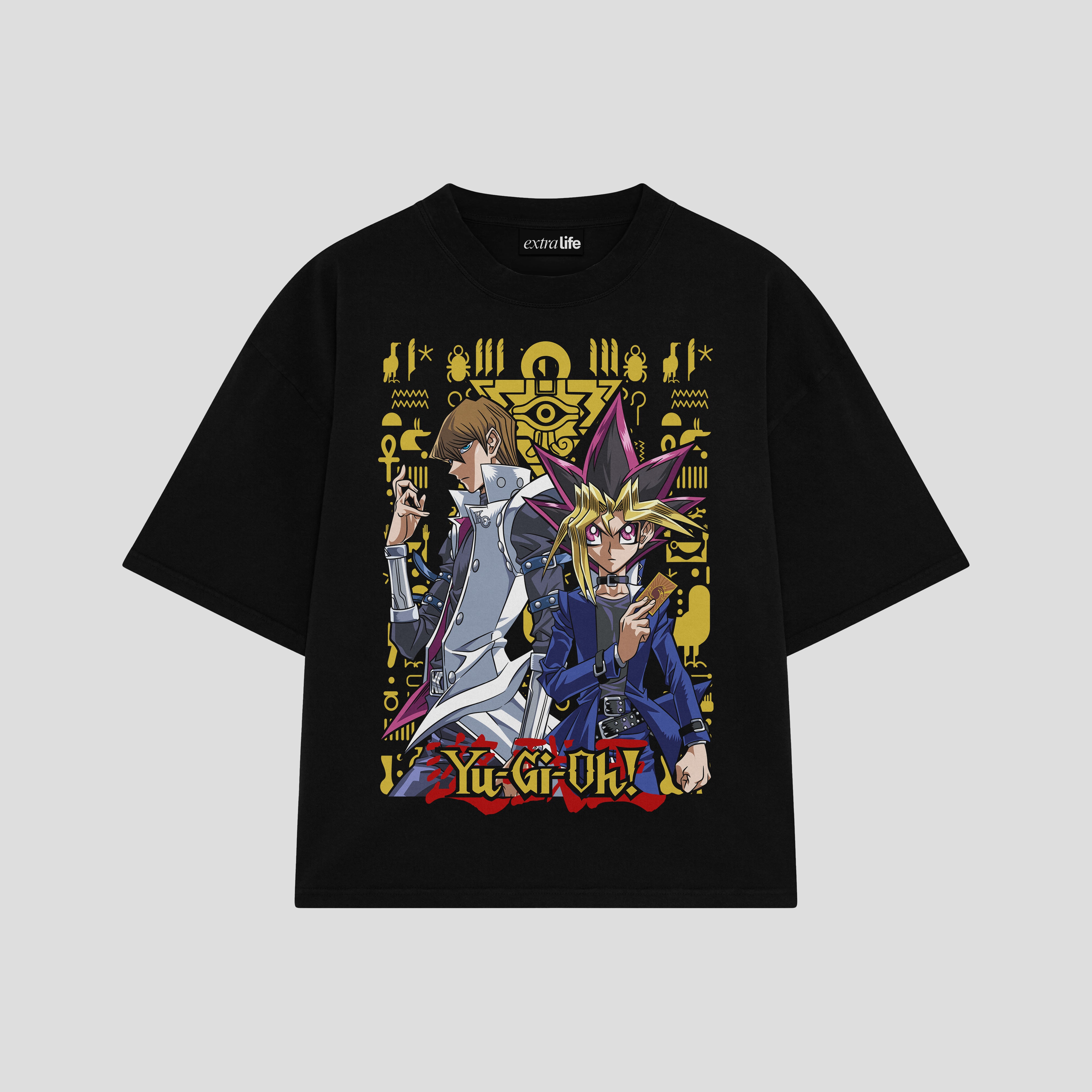 Playera streetwear premium de anime y gaming ExtraLife MX, corte boxy oversized drop shoulder heavyweight en color Deep Black y Off-White, moda urbana mexicana de culto.