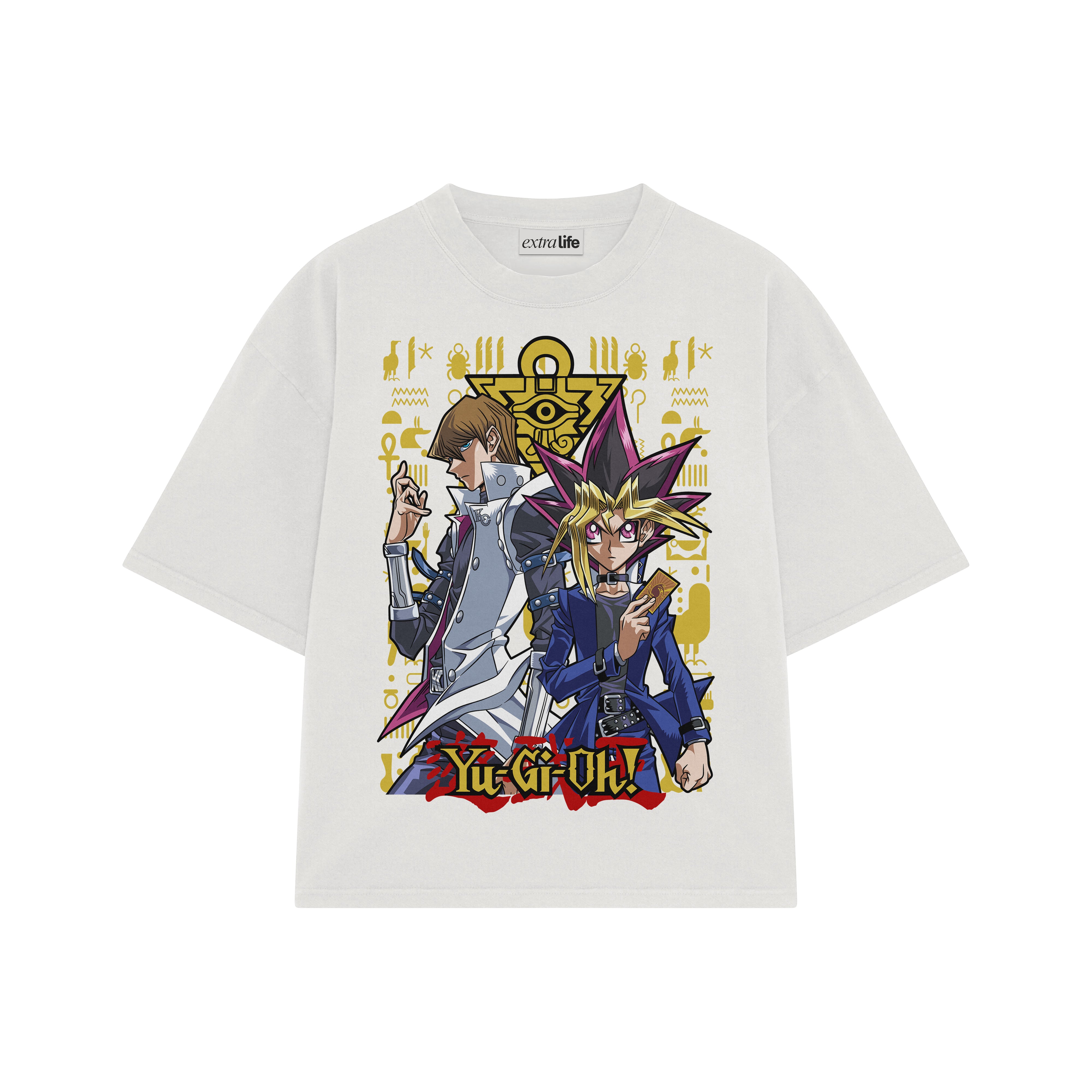 Playera streetwear premium de anime y gaming ExtraLife MX, corte boxy oversized drop shoulder heavyweight en color Deep Black y Off-White, moda urbana mexicana de culto.