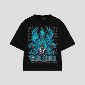 Playera streetwear premium de anime y gaming ExtraLife MX, corte boxy oversized drop shoulder heavyweight en color Deep Black y Off-White, moda urbana mexicana de culto.