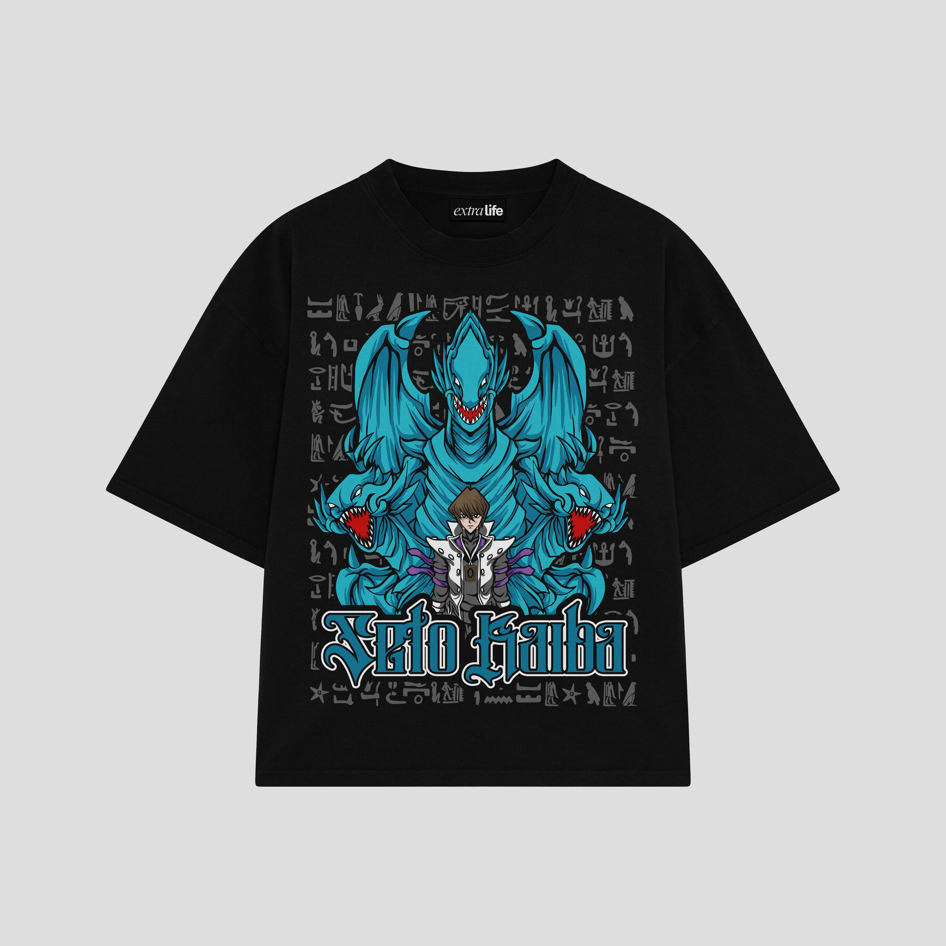 Playera streetwear premium de anime y gaming ExtraLife MX, corte boxy oversized drop shoulder heavyweight en color Deep Black y Off-White, moda urbana mexicana de culto.