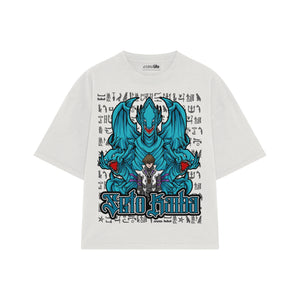 Playera streetwear premium de anime y gaming ExtraLife MX, corte boxy oversized drop shoulder heavyweight en color Deep Black y Off-White, moda urbana mexicana de culto.