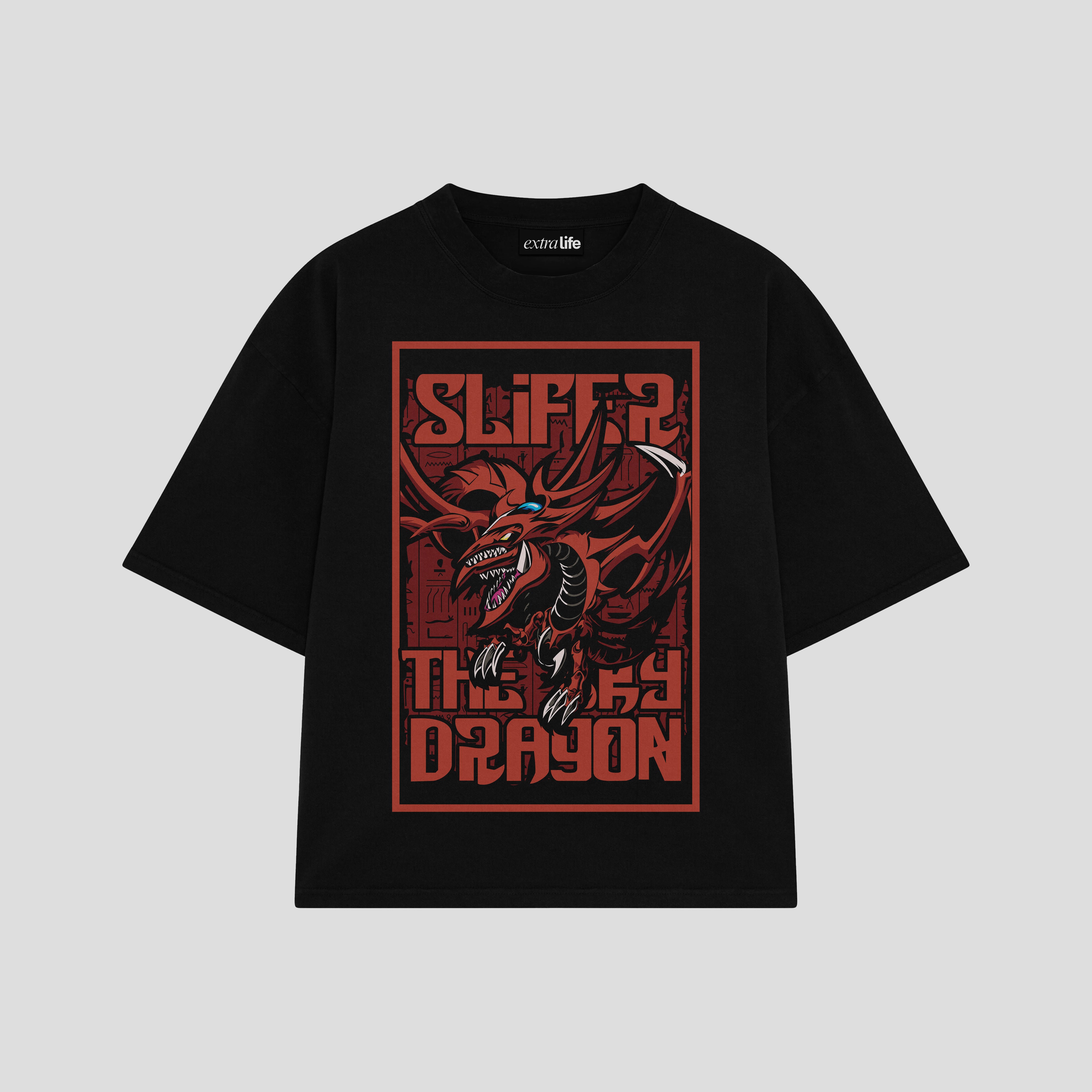 Playera streetwear premium de anime y gaming ExtraLife MX, corte boxy oversized drop shoulder heavyweight en color Deep Black y Off-White, moda urbana mexicana de culto.