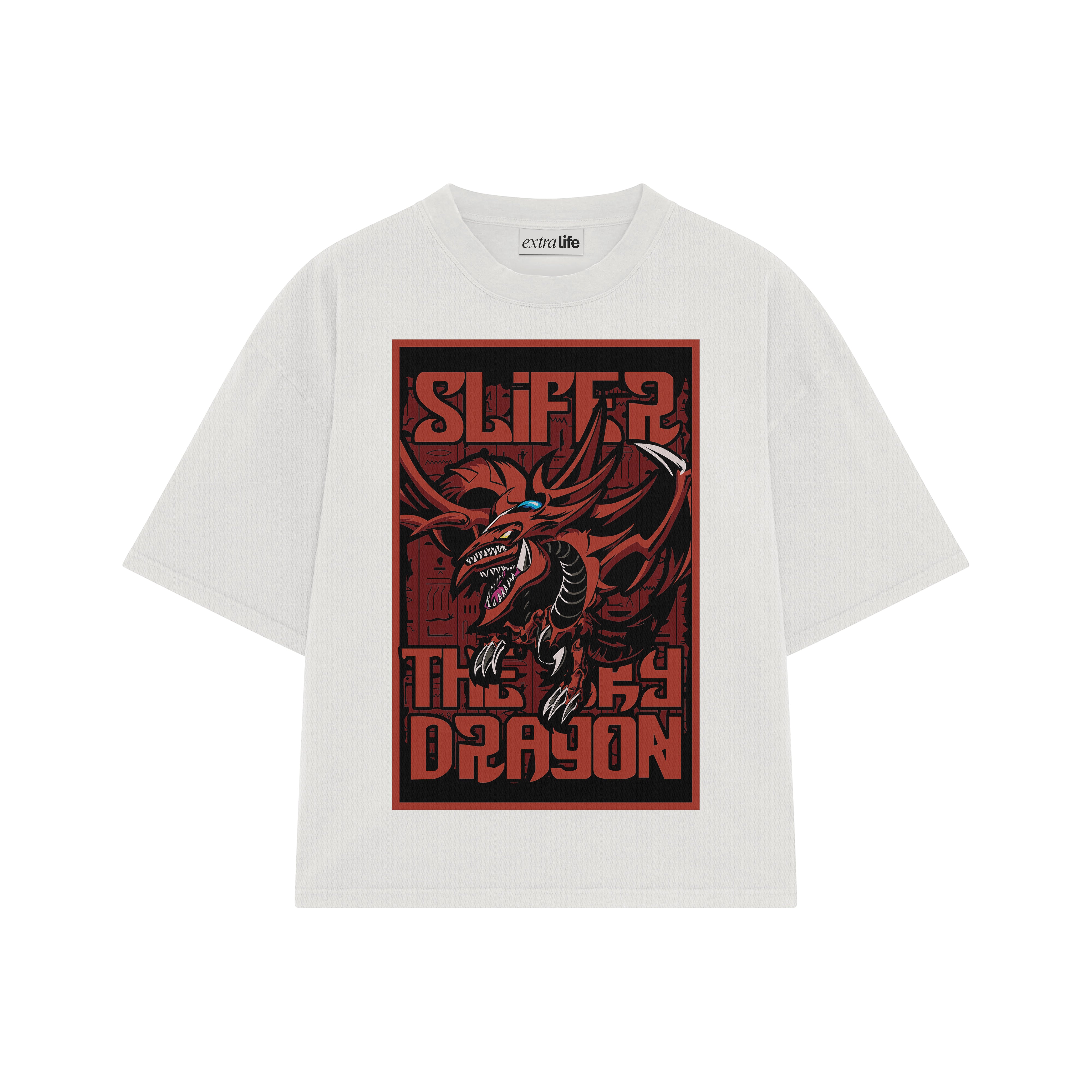 Playera streetwear premium de anime y gaming ExtraLife MX, corte boxy oversized drop shoulder heavyweight en color Deep Black y Off-White, moda urbana mexicana de culto.