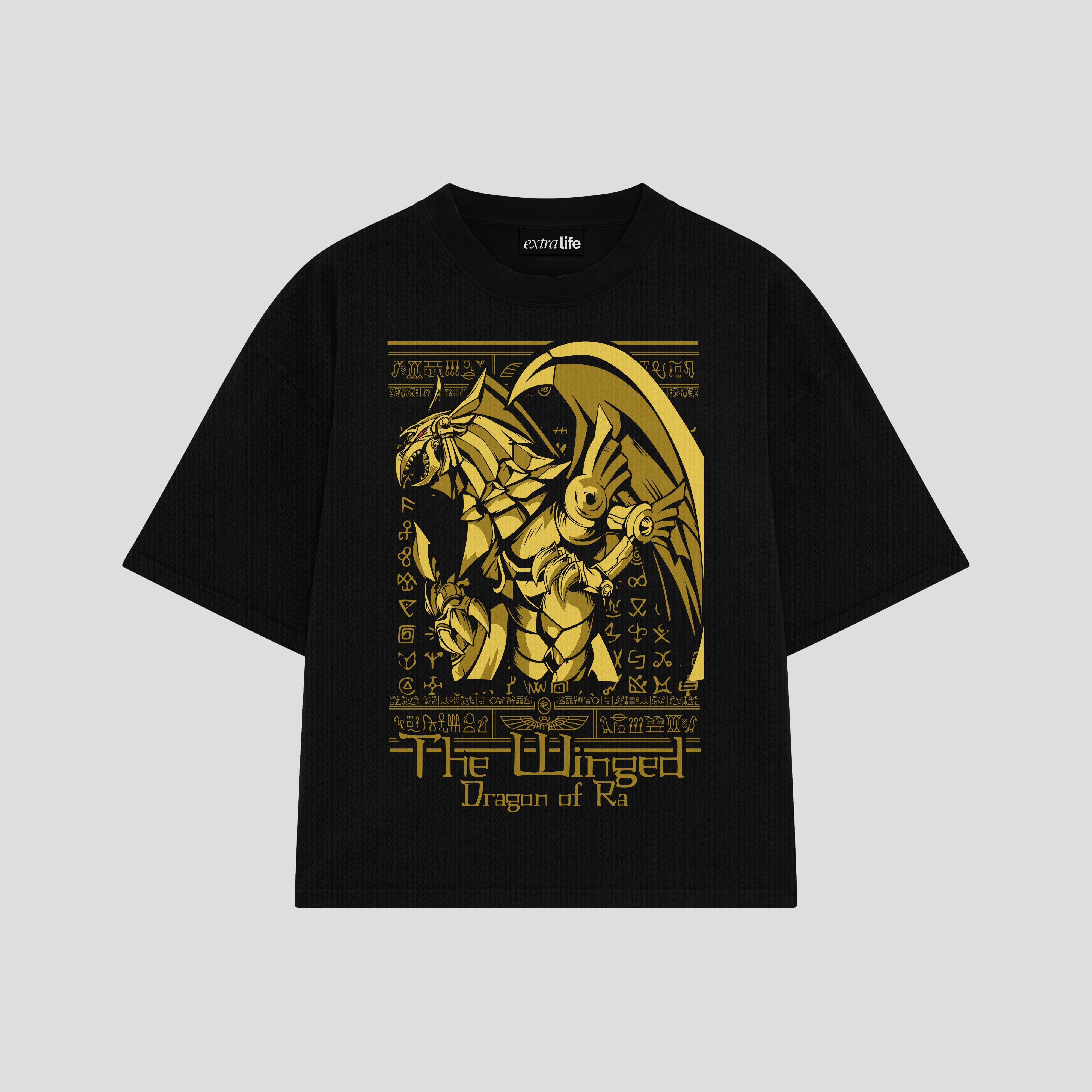 Playera streetwear premium de anime y gaming ExtraLife MX, corte boxy oversized drop shoulder heavyweight en color Deep Black y Off-White, moda urbana mexicana de culto.