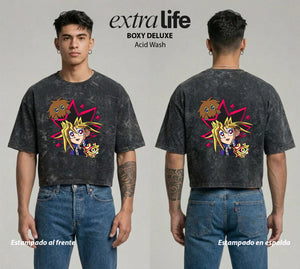 Playera streetwear premium de anime y gaming ExtraLife MX, corte boxy deluxe mineral wash heavyweight en color Acid Wash, moda urbana mexicana de culto.