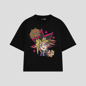 Playera streetwear premium de anime y gaming ExtraLife MX, corte boxy oversized drop shoulder heavyweight en color Deep Black y Off-White, moda urbana mexicana de culto.
