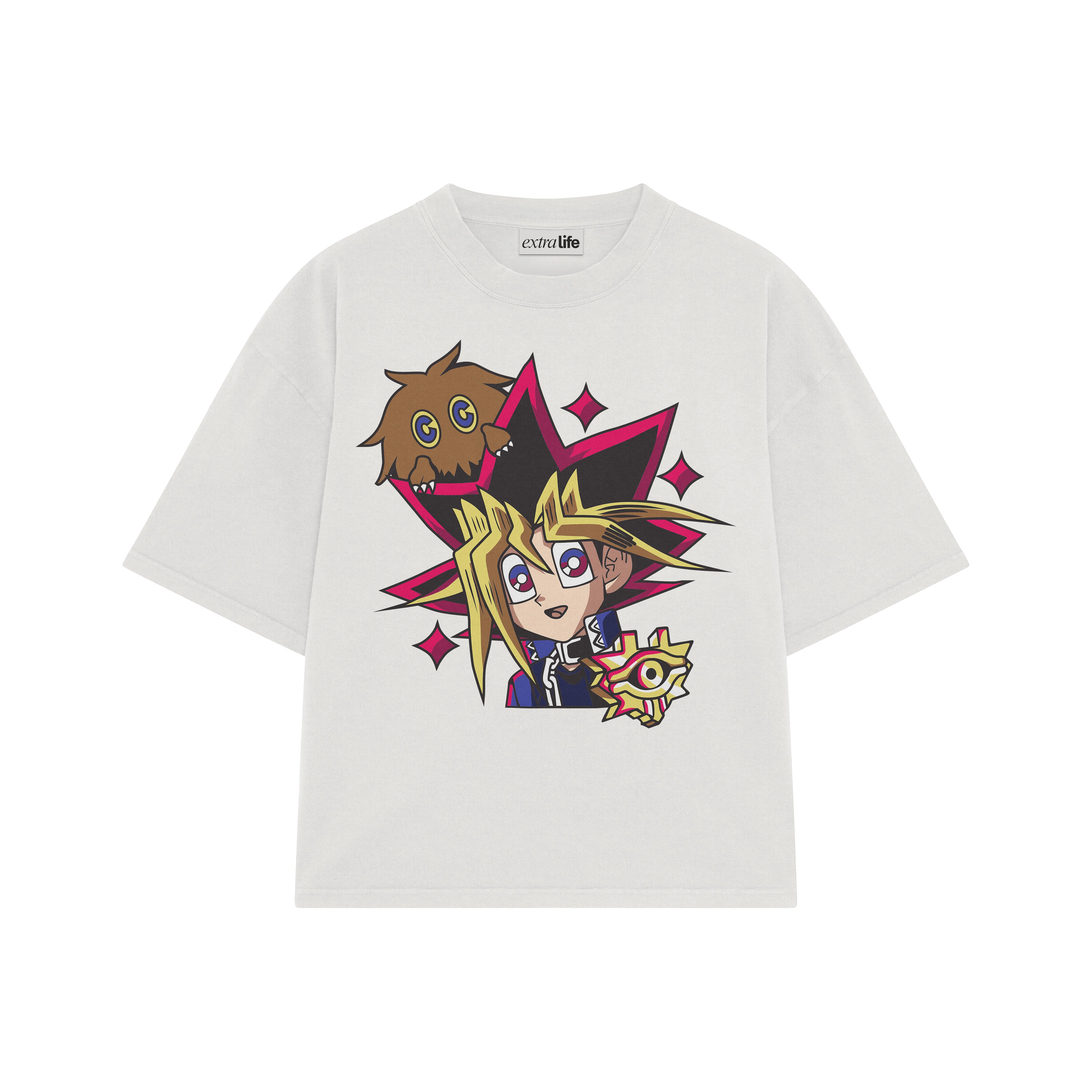 Playera streetwear premium de anime y gaming ExtraLife MX, corte boxy oversized drop shoulder heavyweight en color Deep Black y Off-White, moda urbana mexicana de culto.