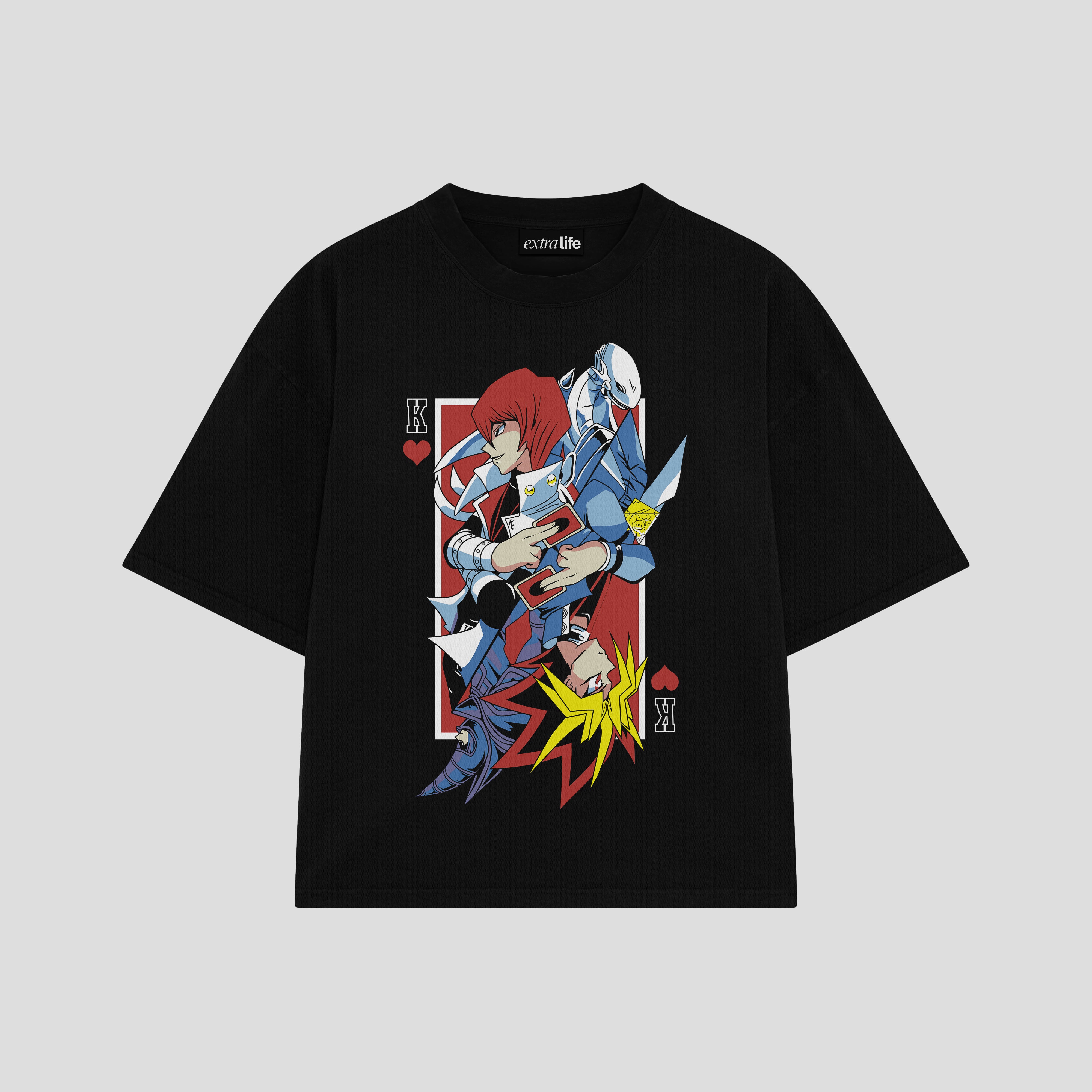 Playera streetwear premium de anime y gaming ExtraLife MX, corte boxy oversized drop shoulder heavyweight en color Deep Black y Off-White, moda urbana mexicana de culto.