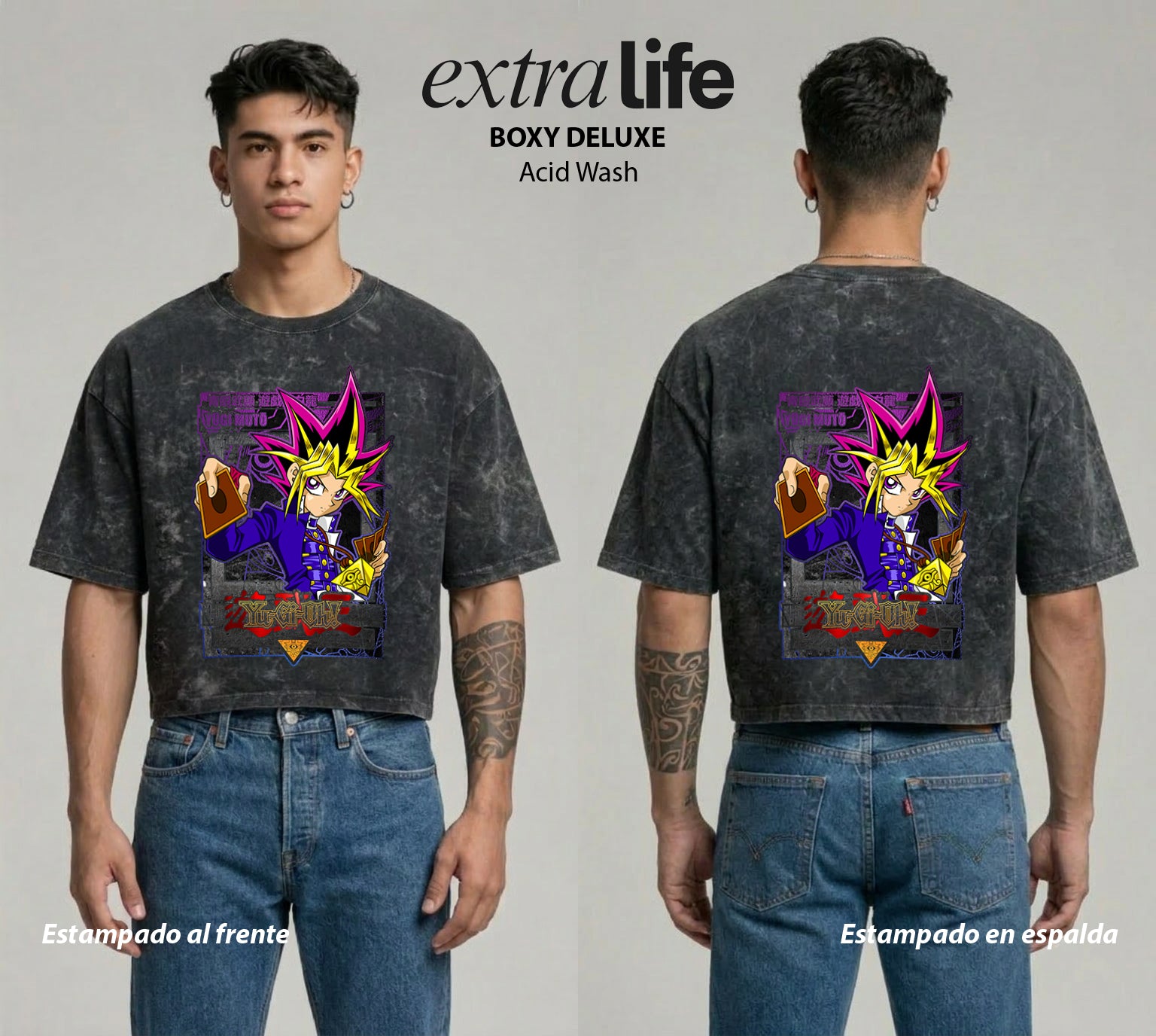 Playera streetwear premium de anime y gaming ExtraLife MX, corte boxy deluxe mineral wash heavyweight en color Acid Wash, moda urbana mexicana de culto.