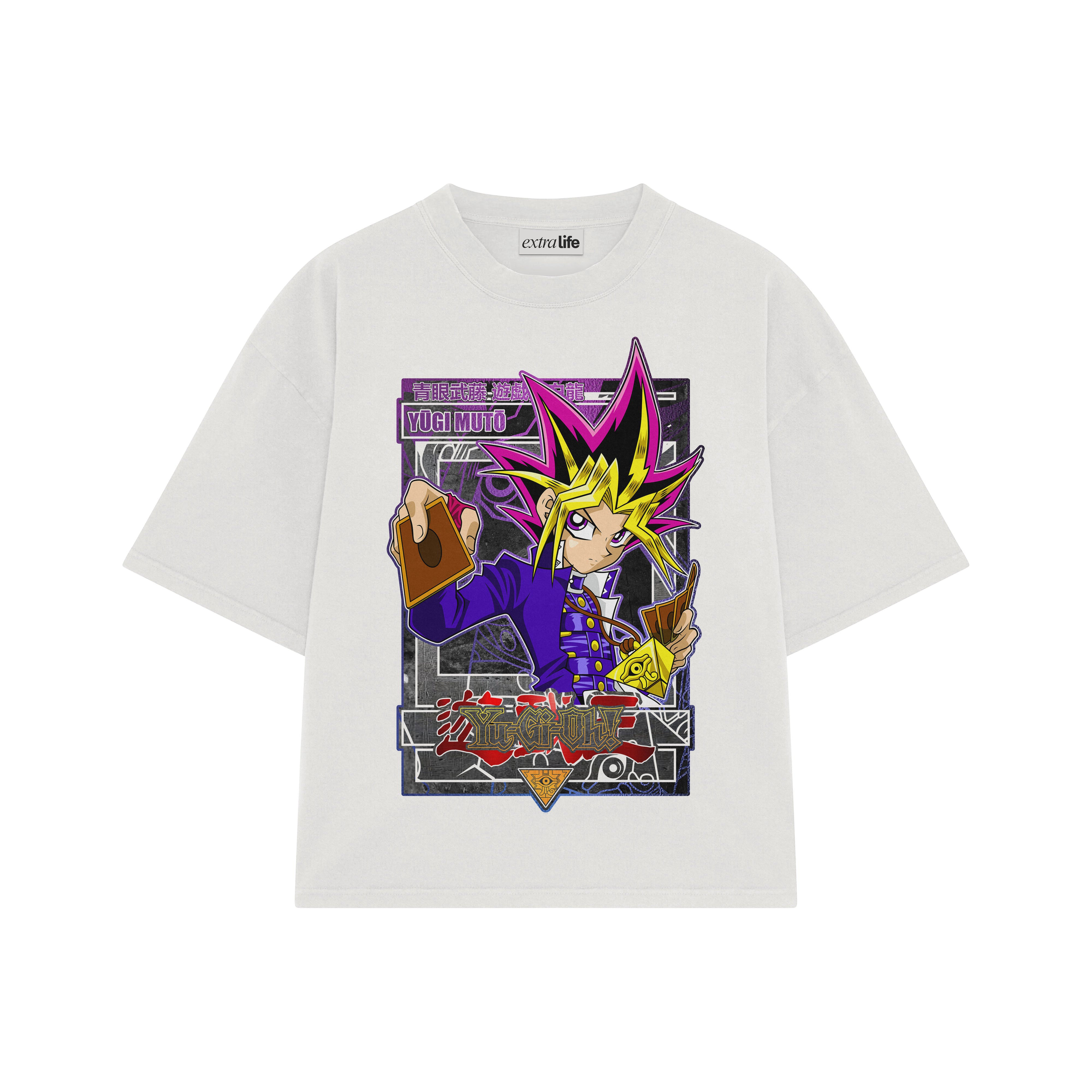 Playera streetwear premium de anime y gaming ExtraLife MX, corte boxy oversized drop shoulder heavyweight en color Deep Black y Off-White, moda urbana mexicana de culto.