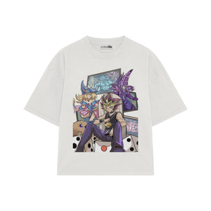 Playera streetwear premium de anime y gaming ExtraLife MX, corte boxy oversized drop shoulder heavyweight en color Deep Black y Off-White, moda urbana mexicana de culto.