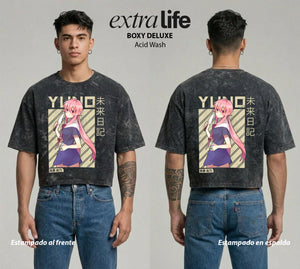 Playera streetwear premium de anime y gaming ExtraLife MX, corte boxy deluxe mineral wash heavyweight en color Acid Wash, moda urbana mexicana de culto.