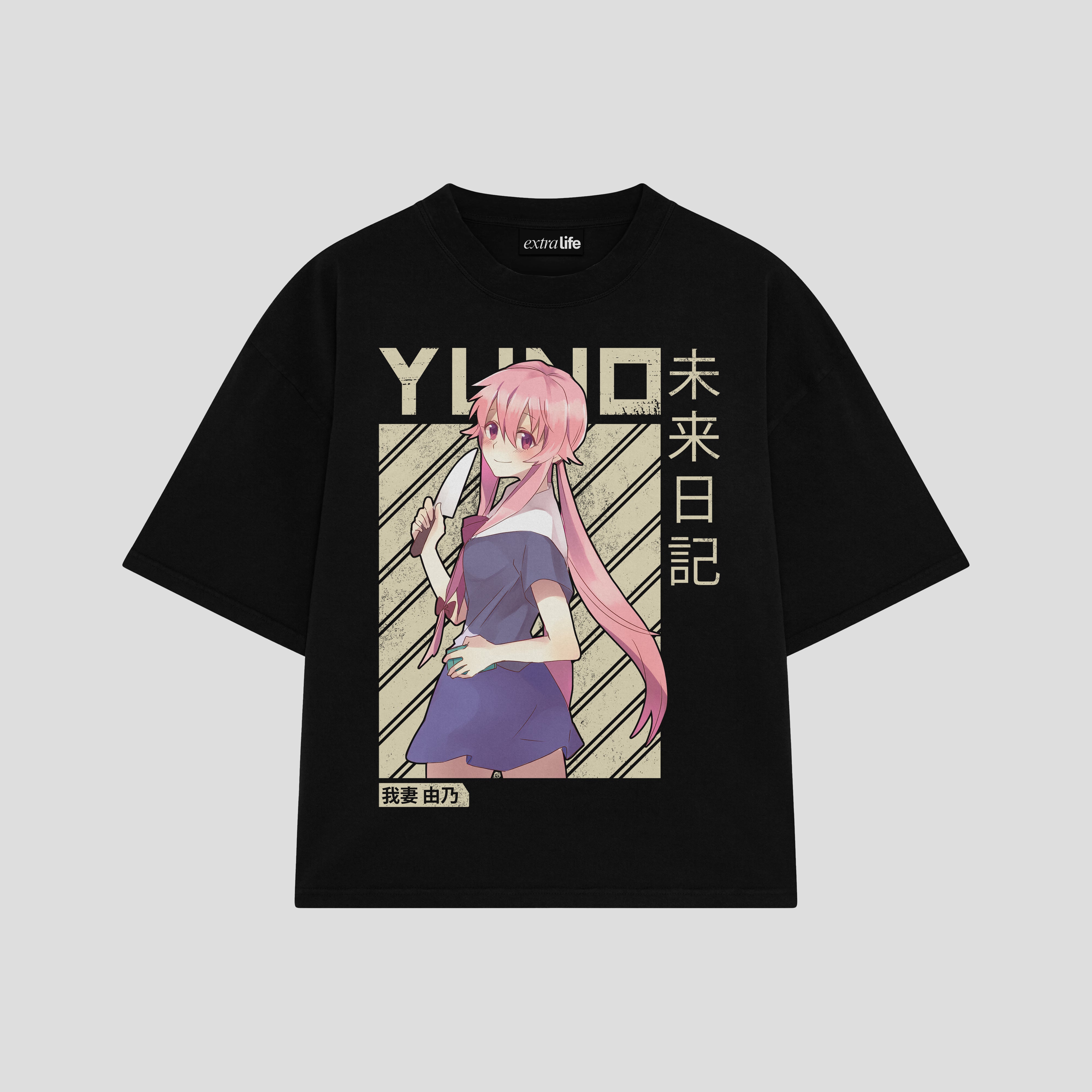 Playera streetwear premium de anime y gaming ExtraLife MX, corte boxy oversized drop shoulder heavyweight en color Deep Black y Off-White, moda urbana mexicana de culto.