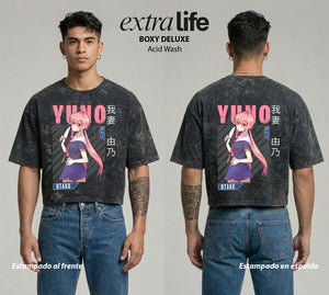 Playera streetwear premium de anime y gaming ExtraLife MX, corte boxy deluxe mineral wash heavyweight en color Acid Wash, moda urbana mexicana de culto.