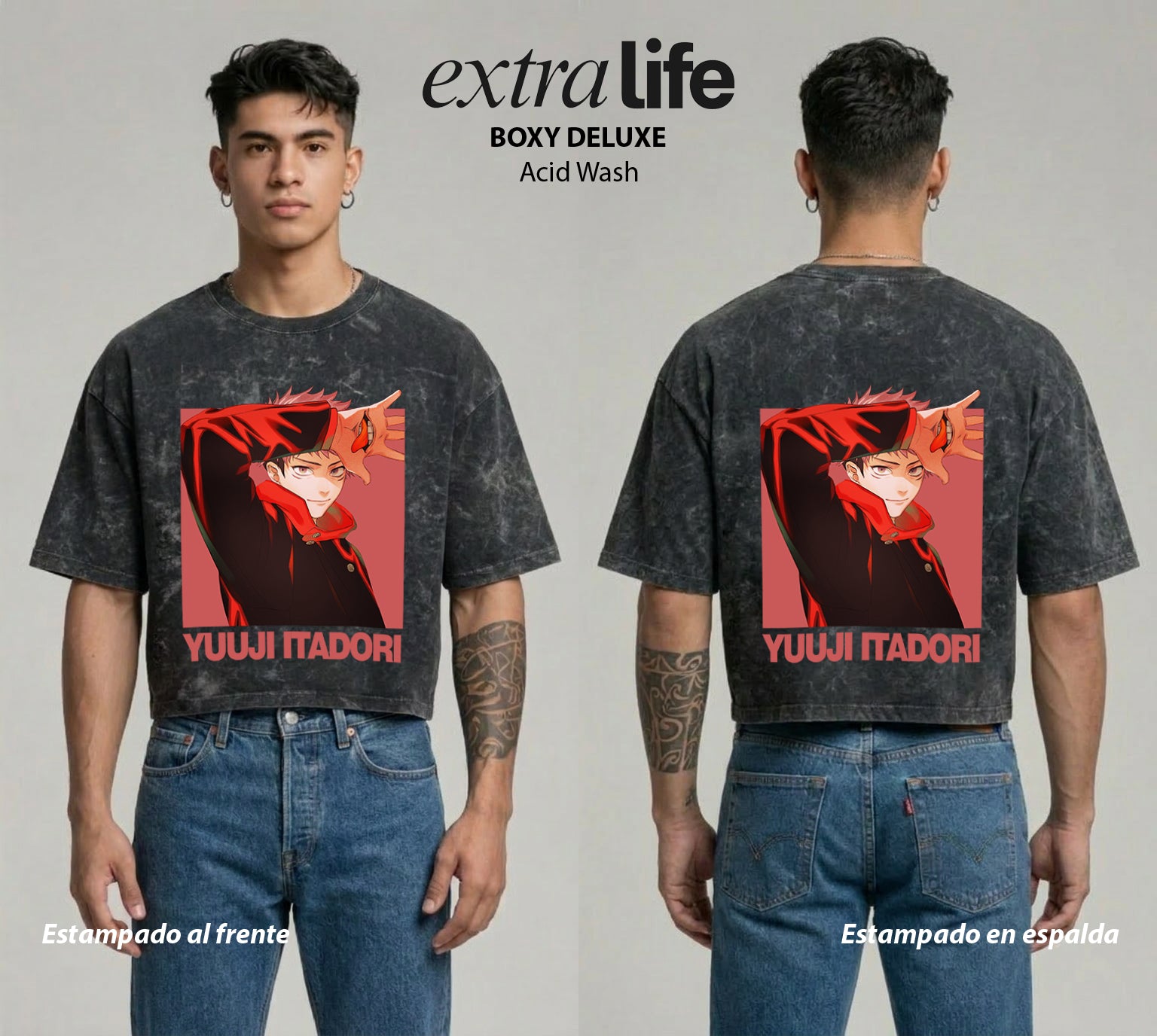 Playera streetwear premium de anime y gaming ExtraLife MX, corte boxy deluxe mineral wash heavyweight en color Acid Wash, moda urbana mexicana de culto.