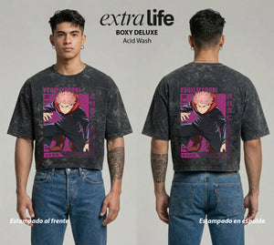 Playera streetwear premium de anime y gaming ExtraLife MX, corte boxy deluxe mineral wash heavyweight en color Acid Wash, moda urbana mexicana de culto.
