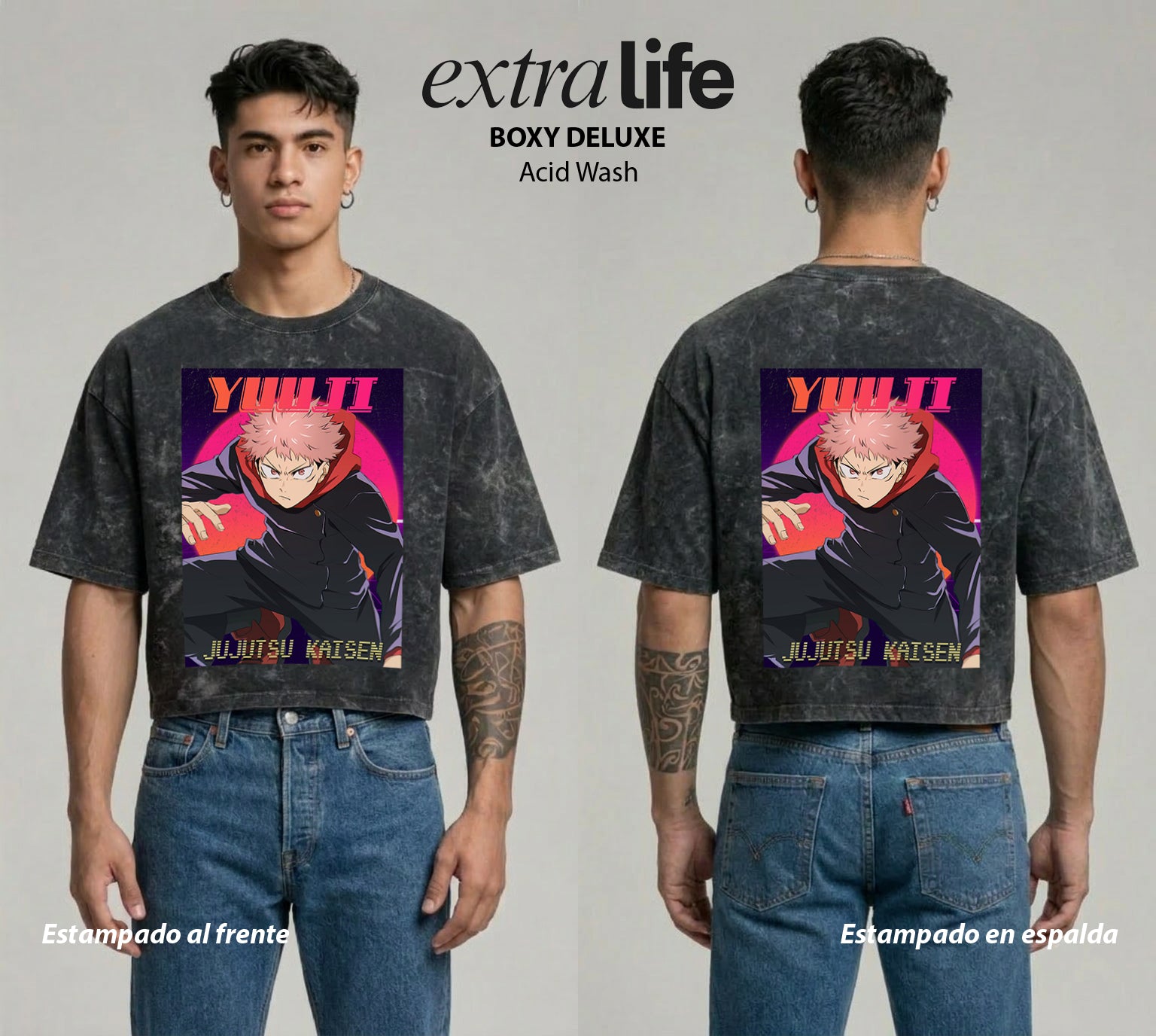 Playera streetwear premium de anime y gaming ExtraLife MX, corte boxy deluxe mineral wash heavyweight en color Acid Wash, moda urbana mexicana de culto.